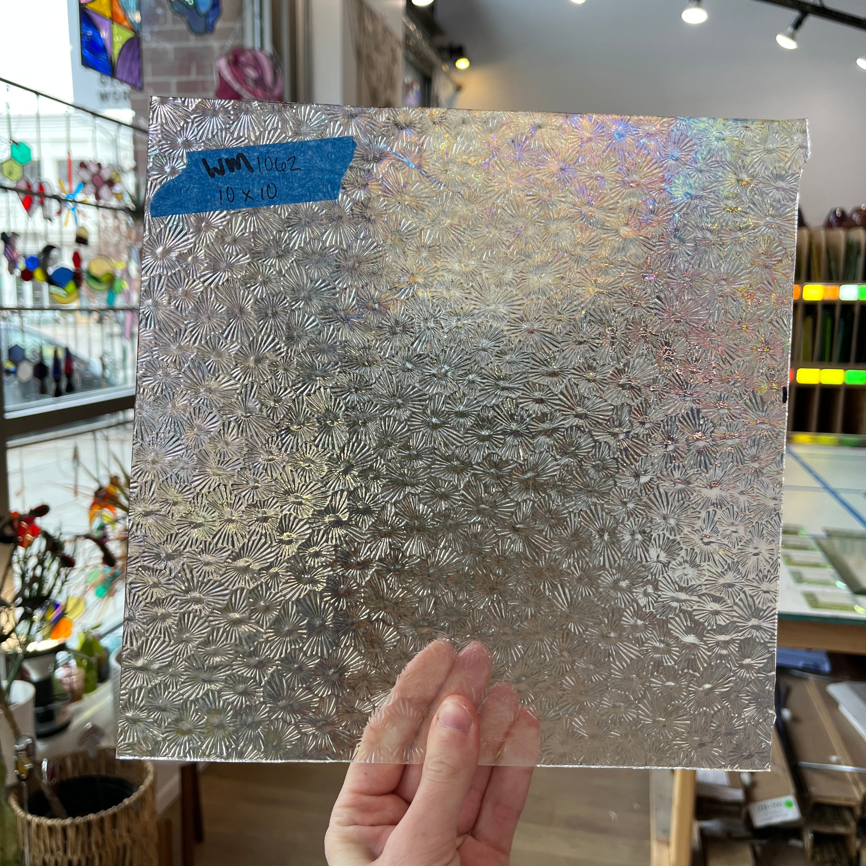 Iridescent Clear Florentine Wissmach Sheet Glass Colorado Glass Works WM-CLEAR-FLORENTINE-I (12x12in)