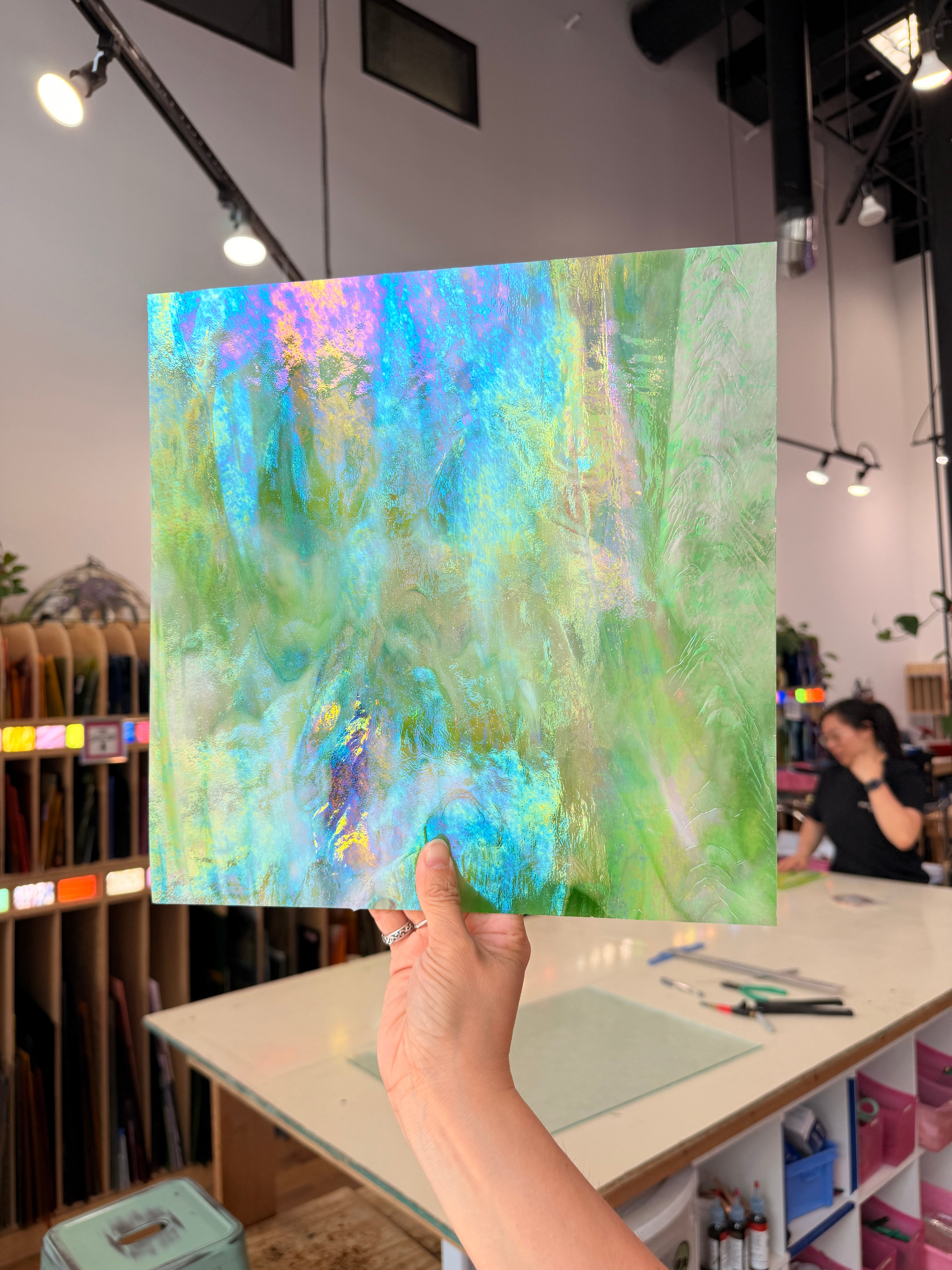 Green White Wispy Iridescent Wissmach Sheet Glass Colorado Glassworks