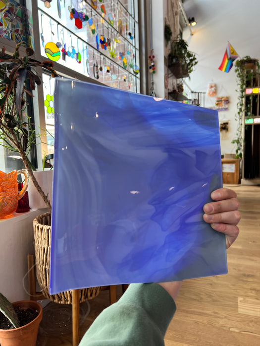 Lamberts Mouth Blown Blue & Opaque White on Clear Flash Glass S55 Sheet Glass Colorado Glassworks   