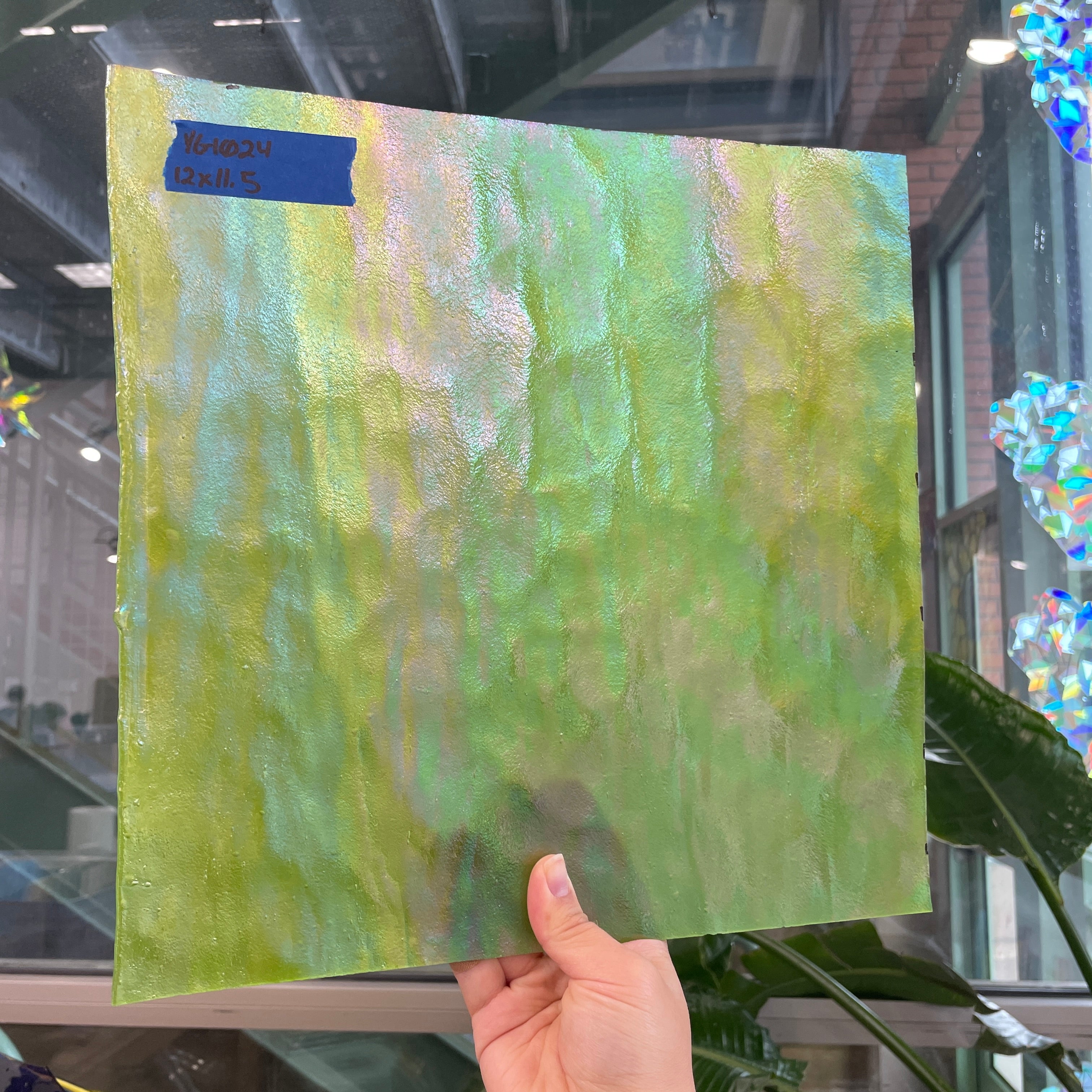 Green Stipple Iridescent Youghiogheny Sheet Glass Colorado Glassworks YG1024 (12x11.5in)