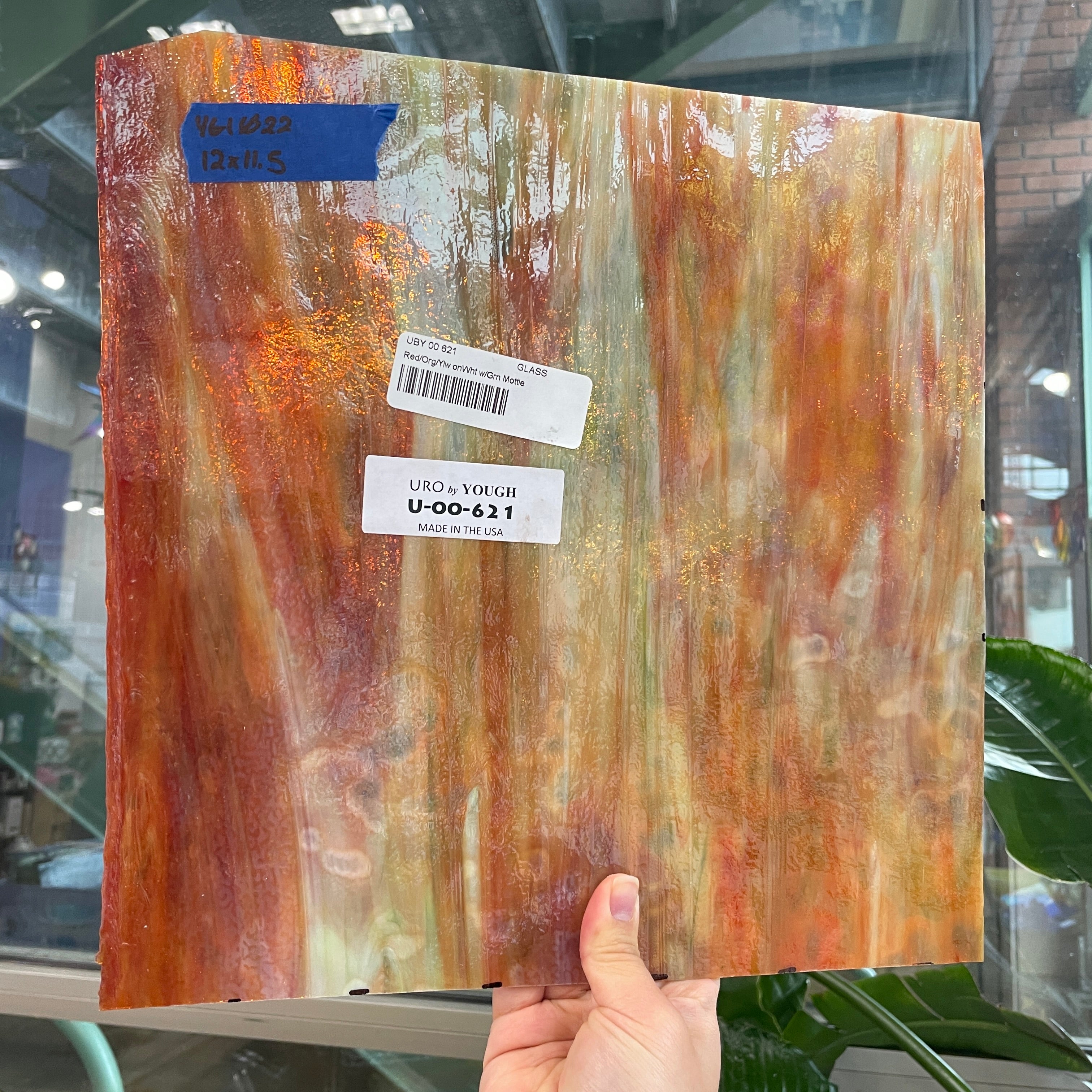 Red / Orange / Yellow on White with Green Ring Mottle Youghiogheny Sheet Glass Colorado Glassworks YG1022 (12x11.5in)