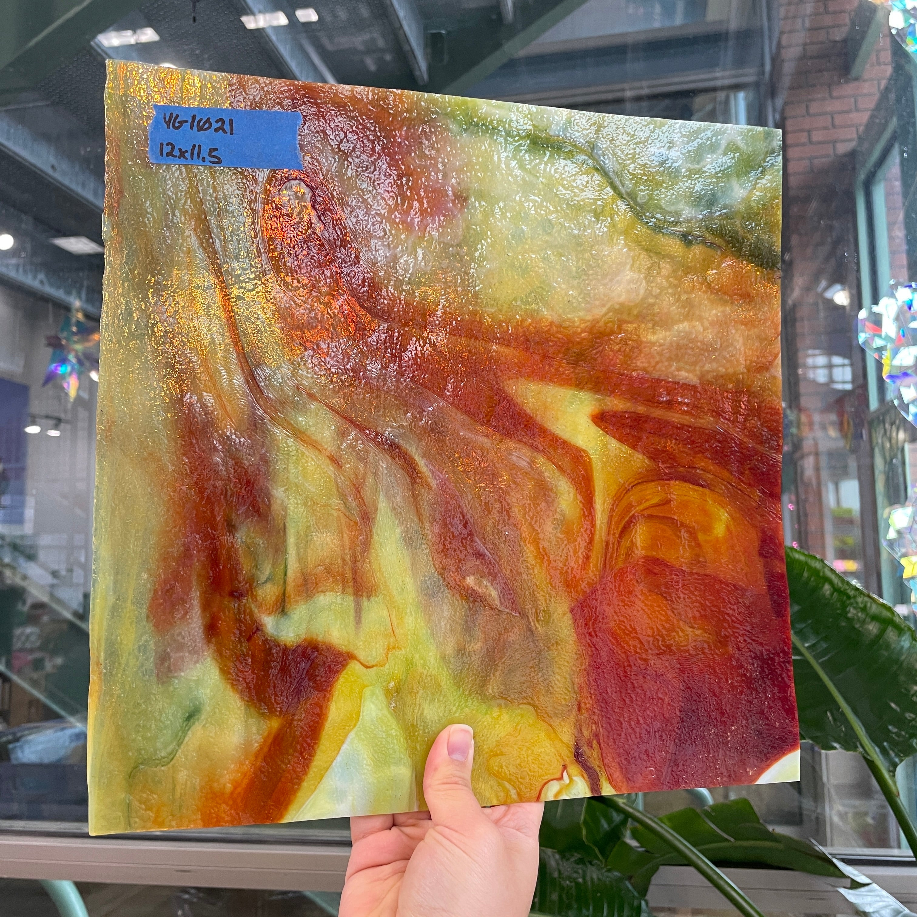 Red / Orange / Yellow on White with Green Ring Mottle Youghiogheny Sheet Glass Colorado Glassworks YG1021 (12x11.5in)