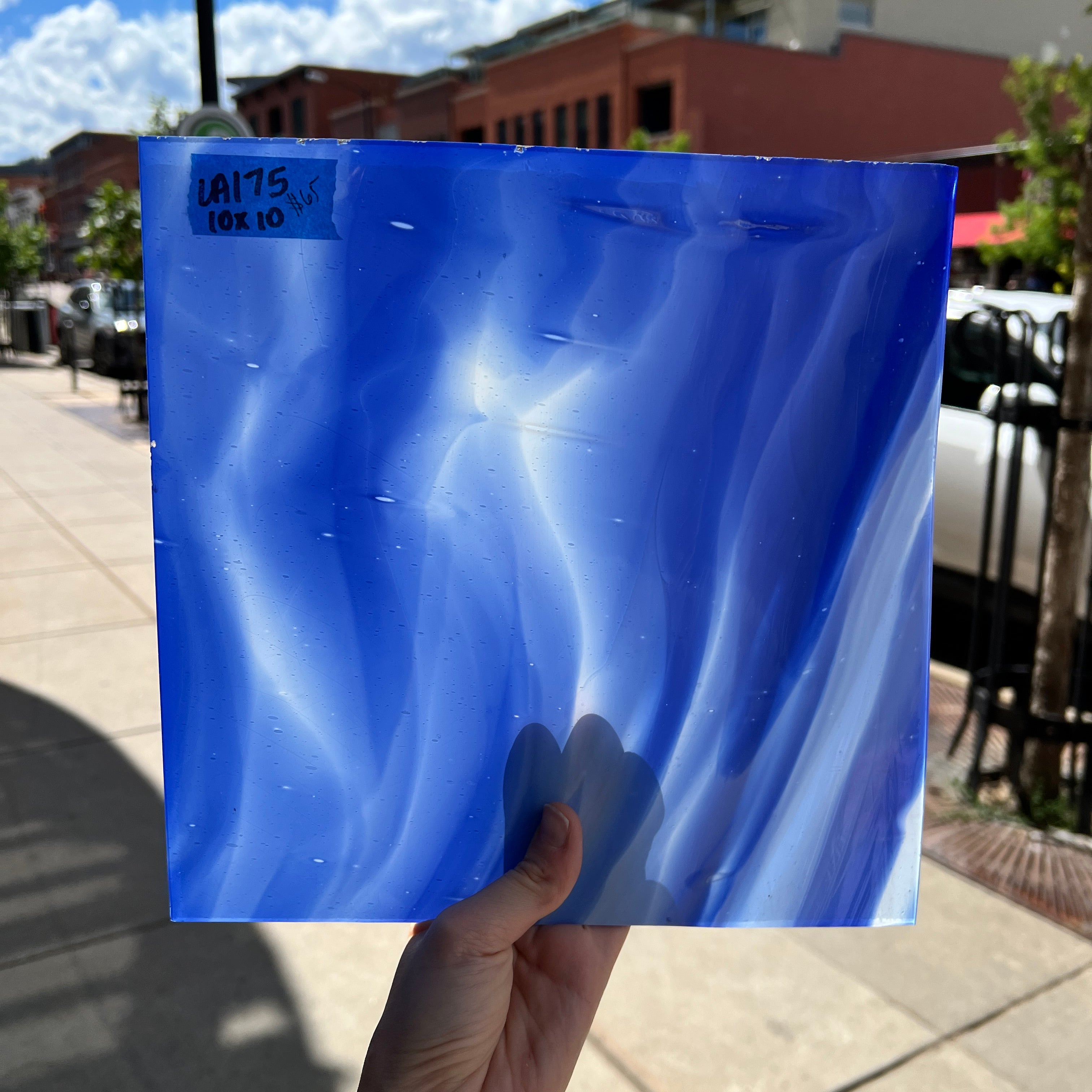 Lamberts Mouth Blown Blue Opaque and White Opaque on Clear (Flash Glass S198) Sheet Glass Colorado Glassworks LA175 (10x10in)  