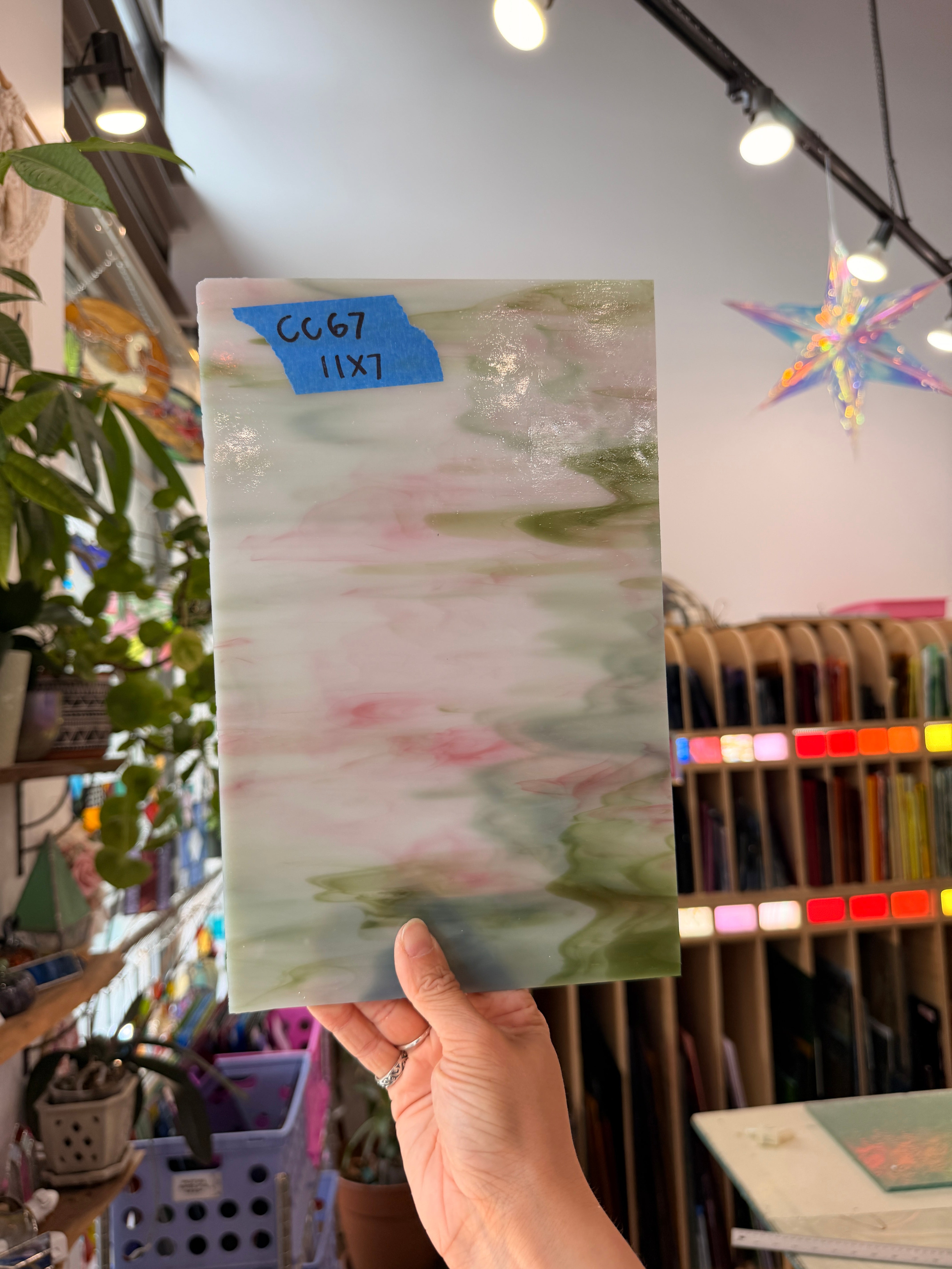Pink Green White Wispy Kokomo Sheet Glass Colorado Glassworks 11x7in (KO-26061613)