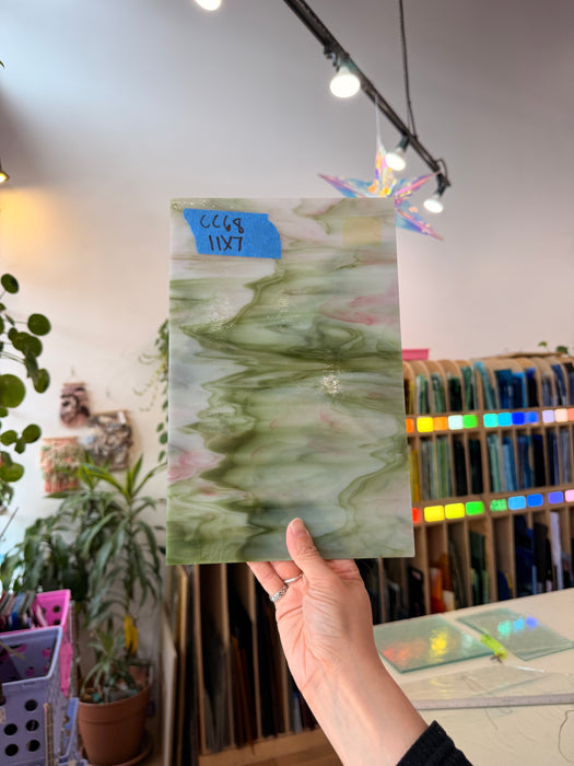 Pink Green White Wispy Kokomo Sheet Glass Colorado Glassworks 11x7in (KO-26094381)