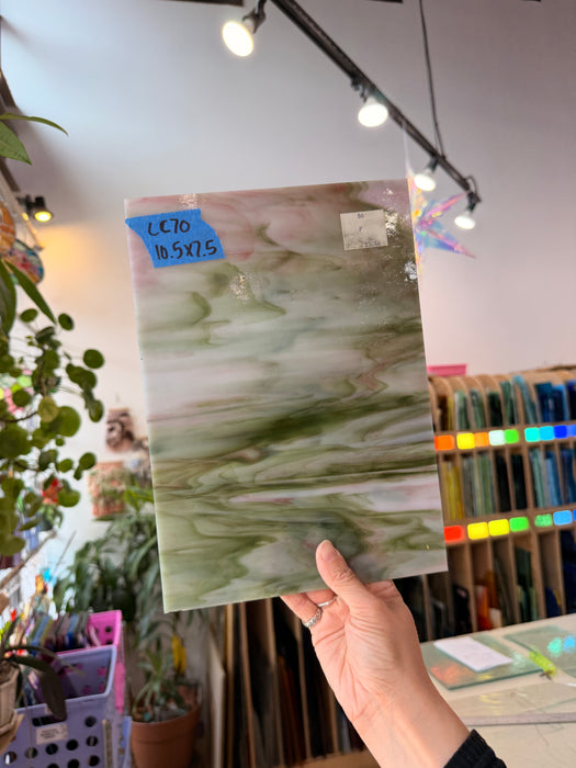 Pink Green White Wispy Kokomo Sheet Glass Colorado Glassworks 10.5x7.5in (KO-26159917)