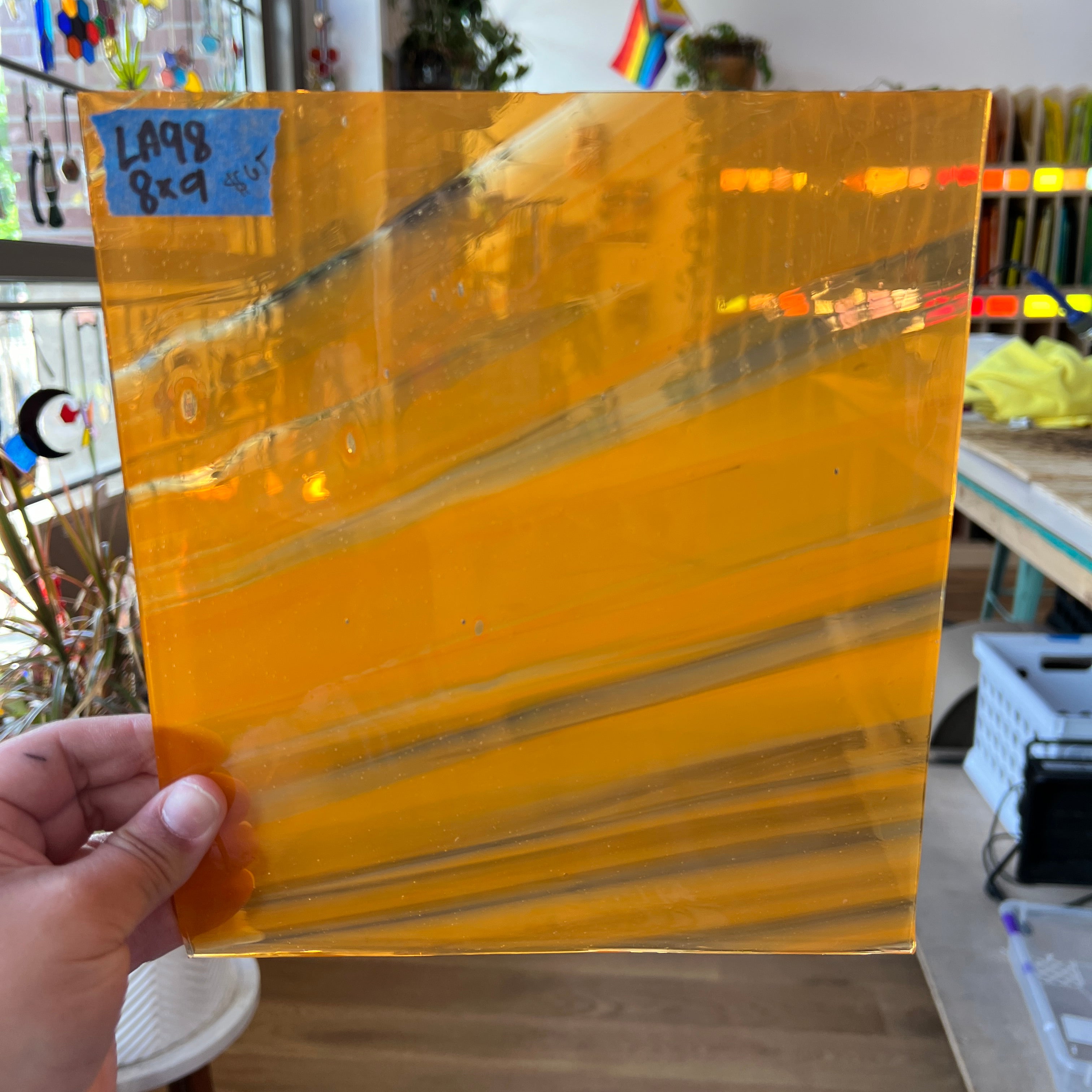 Lamberts Mouth Blown Orange Wispy Specality Sheet Sheet Glass Colorado Glassworks LA98 (8x9in)  