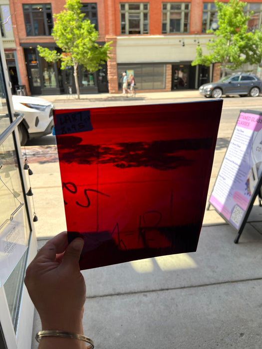 Lamberts Mouth Blown Red on Blue Variegated SV157 (Flash Red on Blue) Sheet Glass Colorado Glassworks   