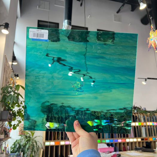 Pale Green/Aqua Blue Streaky Waterglass Oceanside Fusible 96 COE (OGT 423.1WF) Sheet Glass Colorado Glassworks
