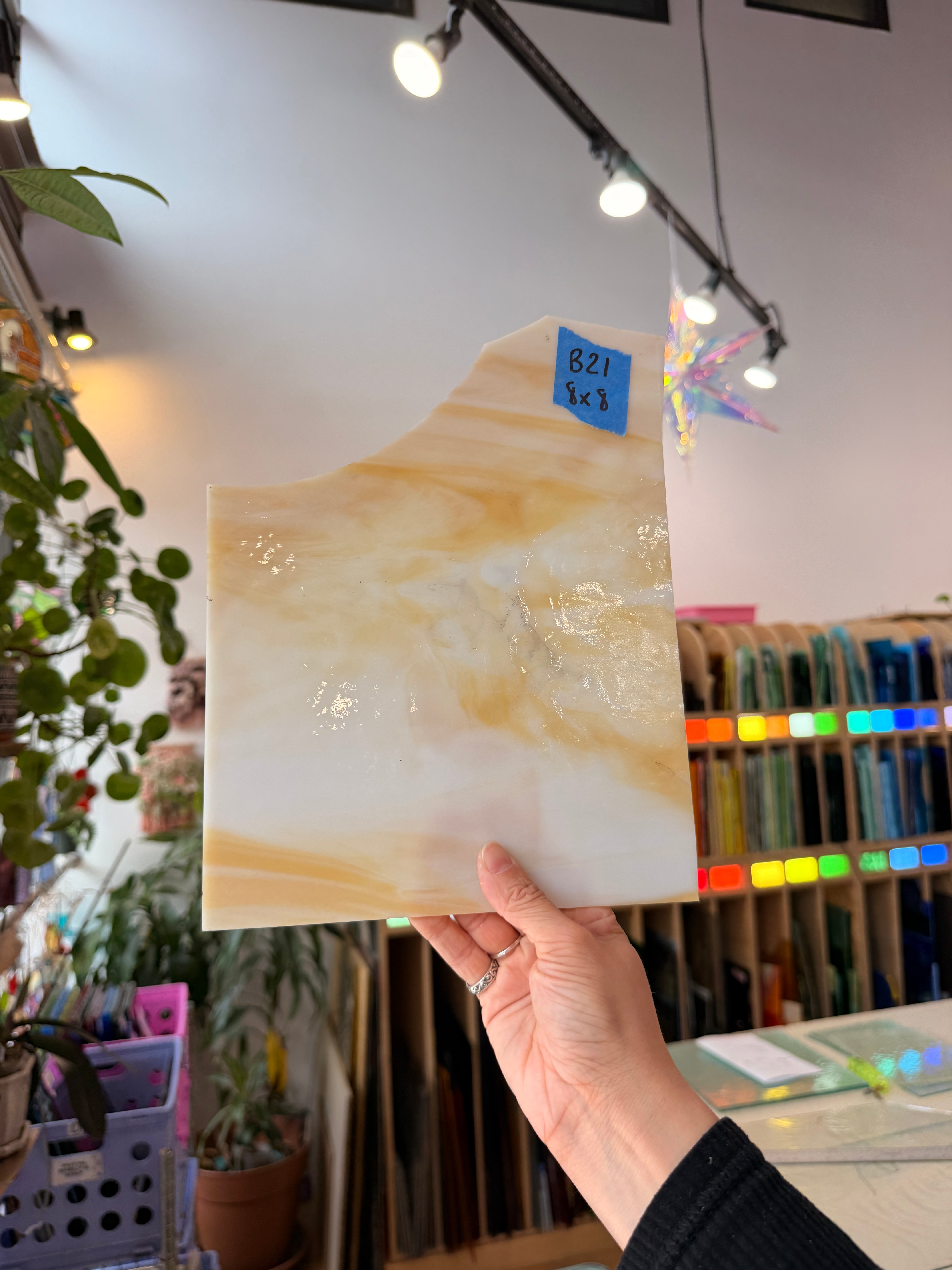 Amber Yellow White Wispy Kokomo Sheet Glass Kokomo Glass B21 (8x8in)