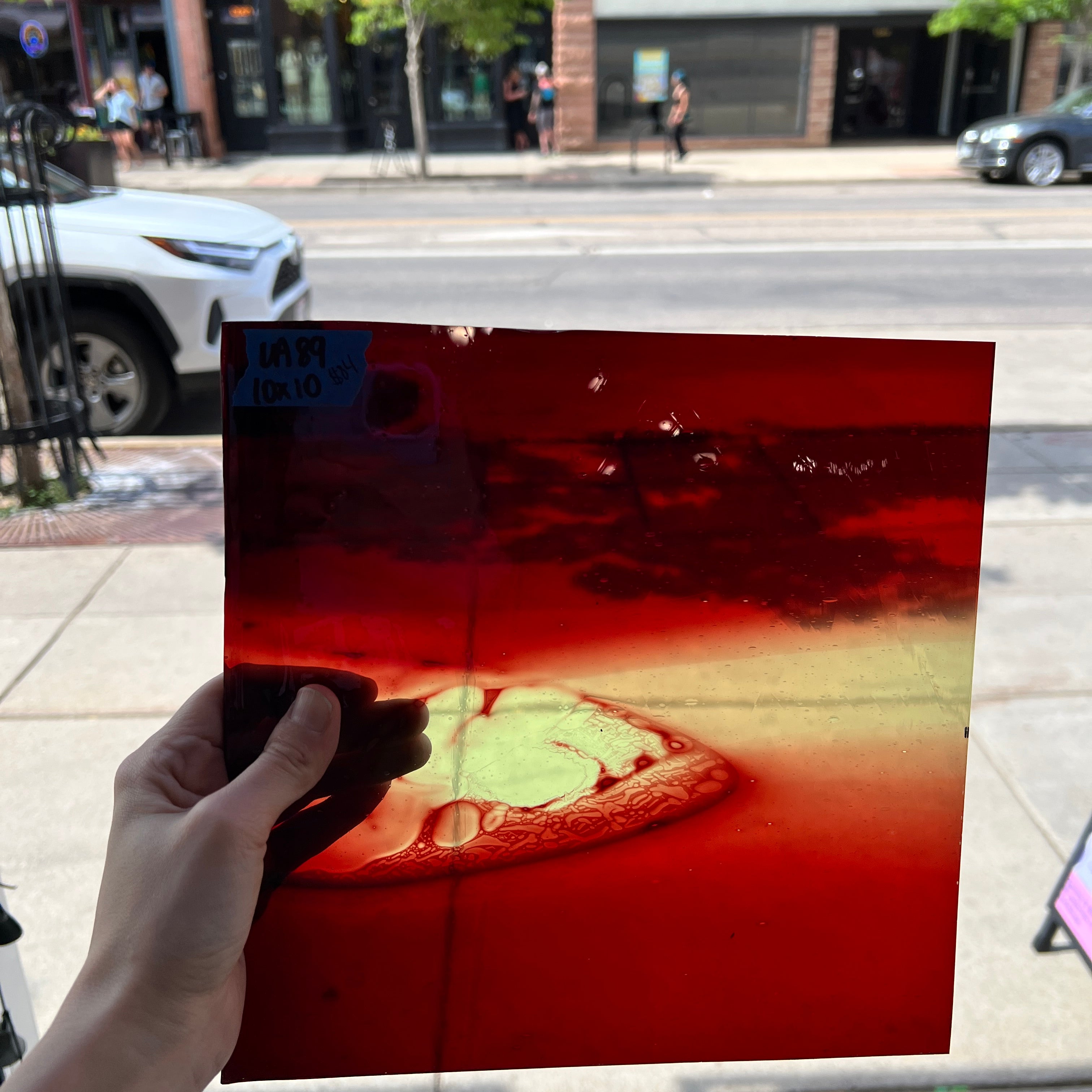 Lamberts Mouth Blown Red on Green Variegated SV158 Sheet Glass Colorado Glassworks LA89 (10x10in)  