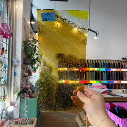 Antique Flash Glass Yellow on Clear Seedy Sheet Glass Colorado Glassworks