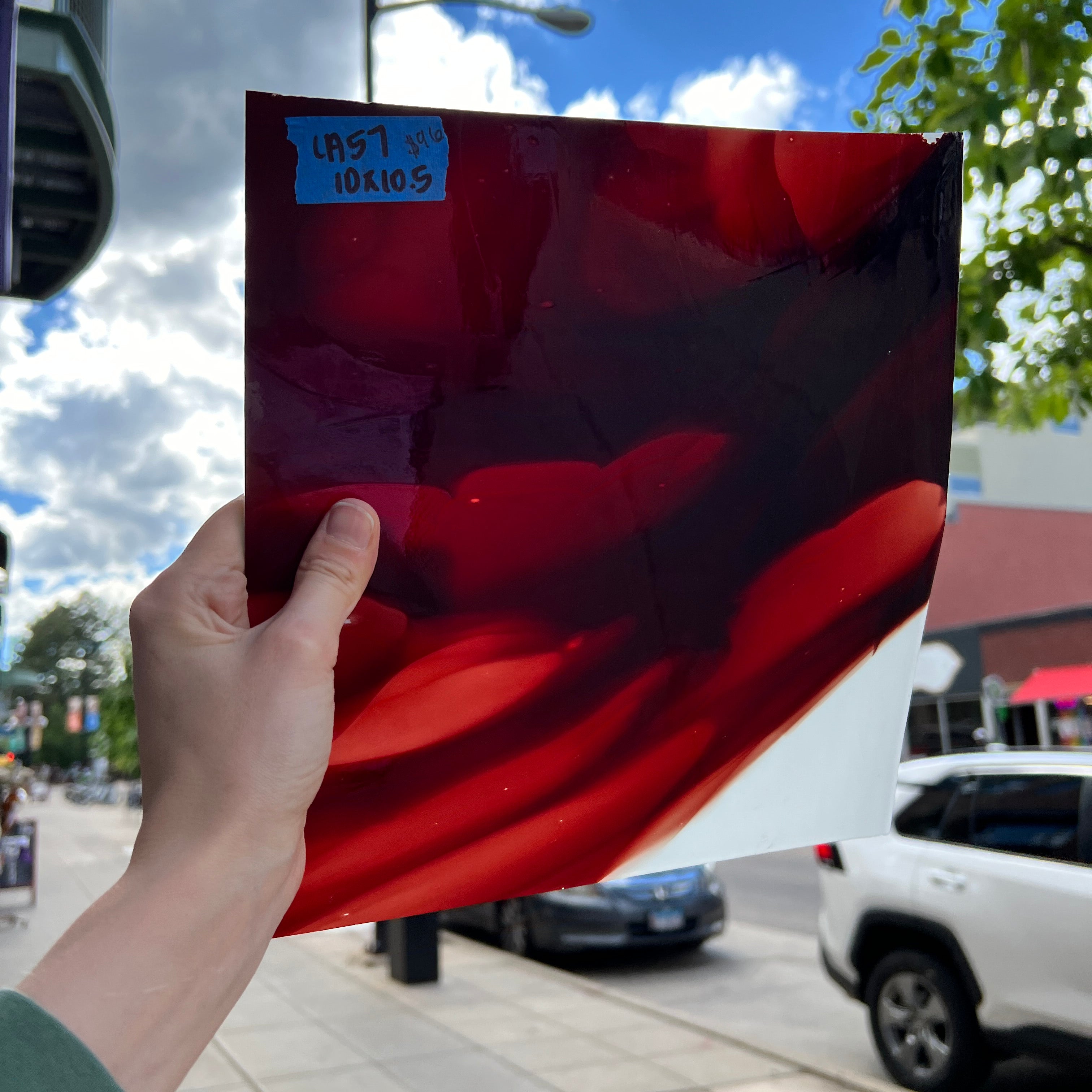 Lamberts Mouth Blown Red & White Opaque on Clear S54 Sheet Glass Colorado Glassworks LA57 (10x10.5in)  