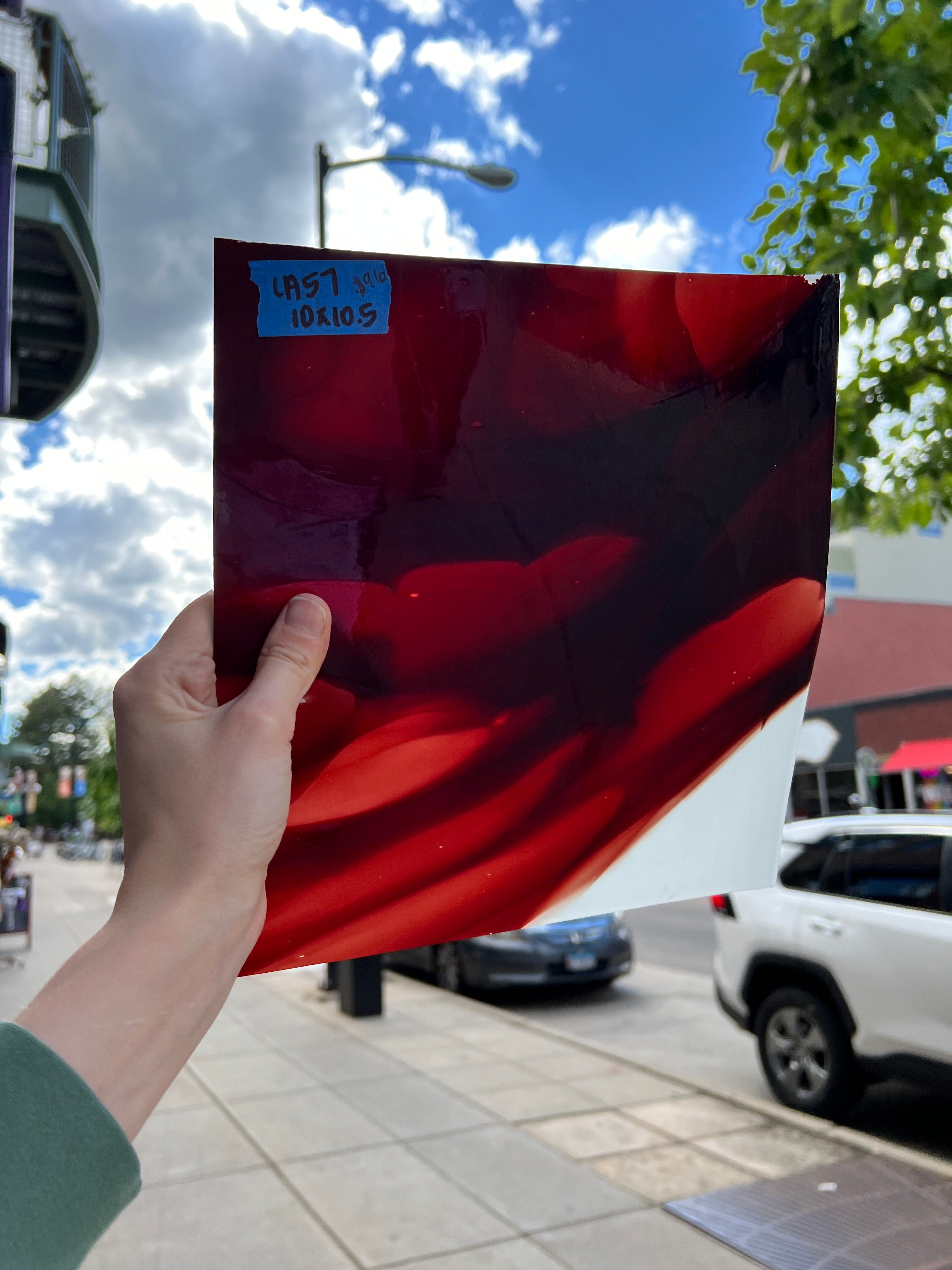 Lamberts Mouth Blown Red & White Opaque on Clear S54 Sheet Glass Colorado Glassworks LA57 (10x10.5in)  