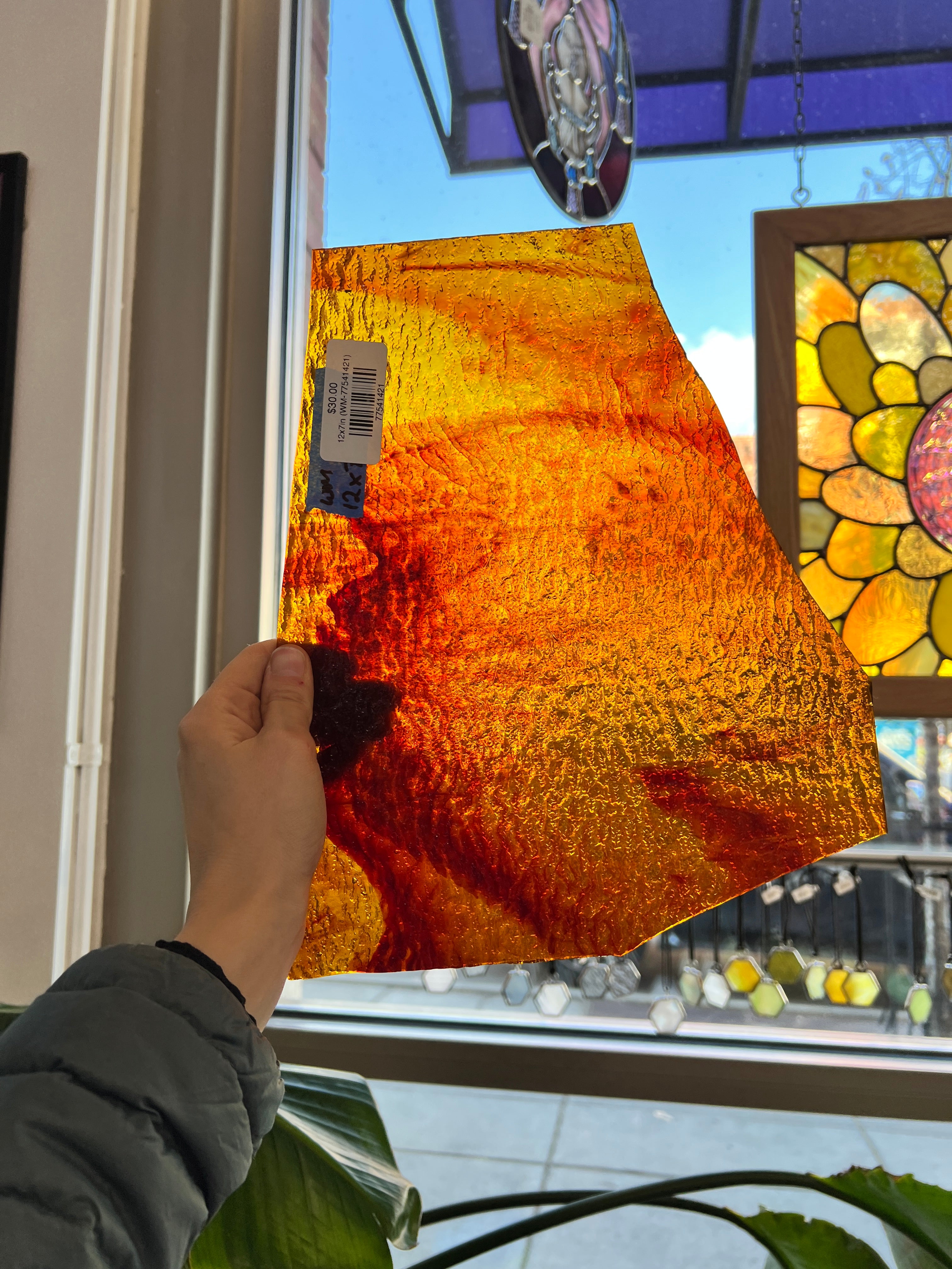 Textured Amber Orange Wispy Wissmach Sheet Glass Colorado Glassworks 12x7in (WM-77541421)