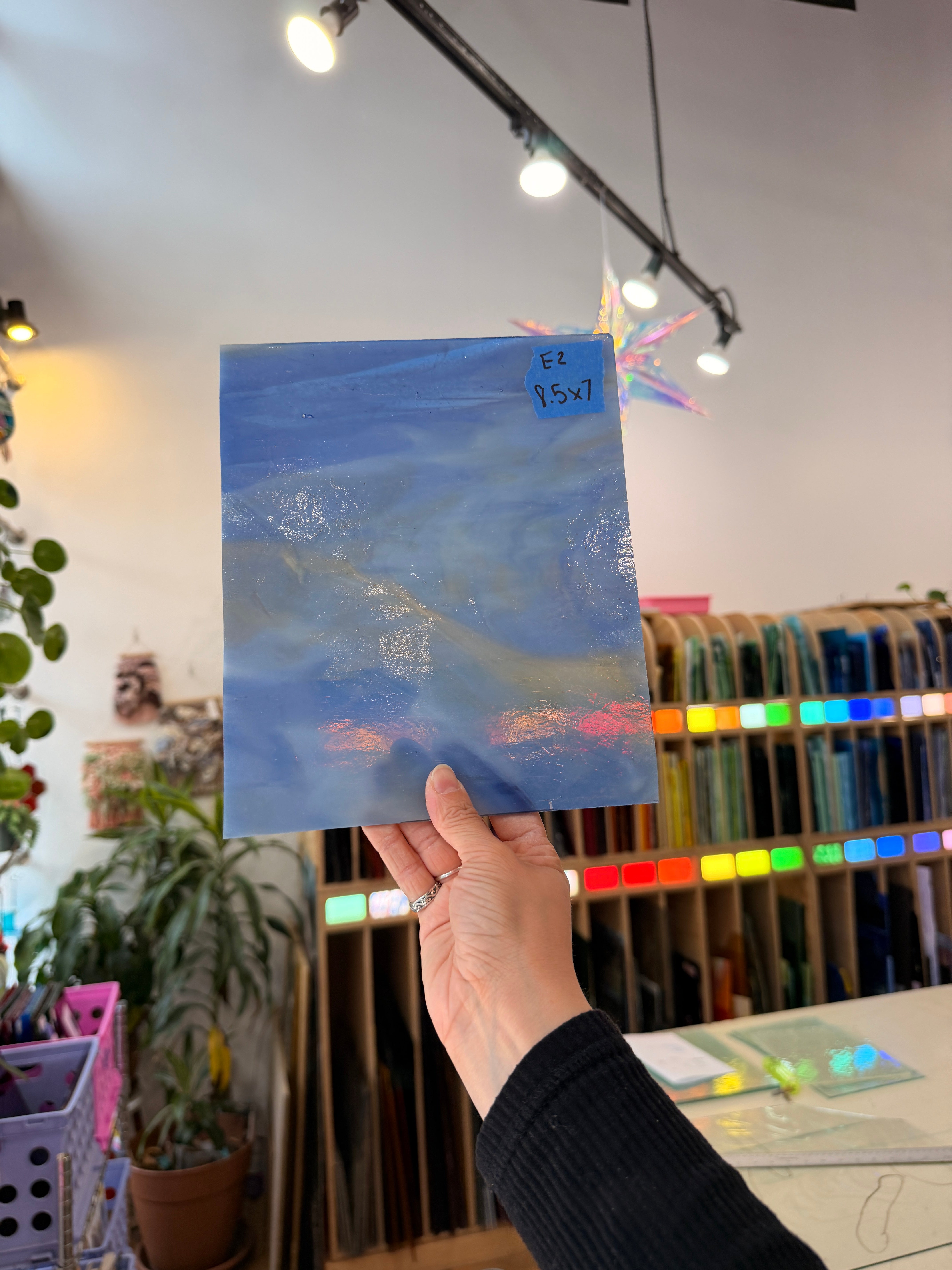 Amber Blue Wispy White Kokomo Sheet Glass Kokomo Glass E2 (8.5x7in)