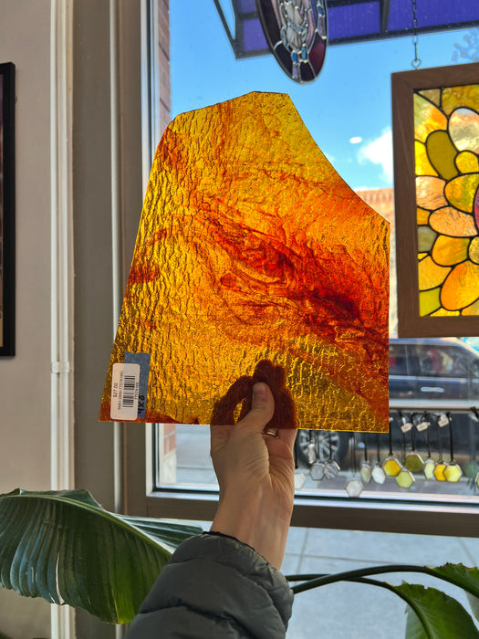 Textured Amber Orange Wispy Wissmach Sheet Glass Colorado Glassworks 9x8in (WM-77574189)