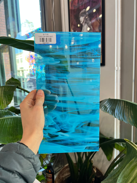 Blue White Wispy Vintage Spectrum Sheet Glass Bullseye 12x6in (SP-94973997)