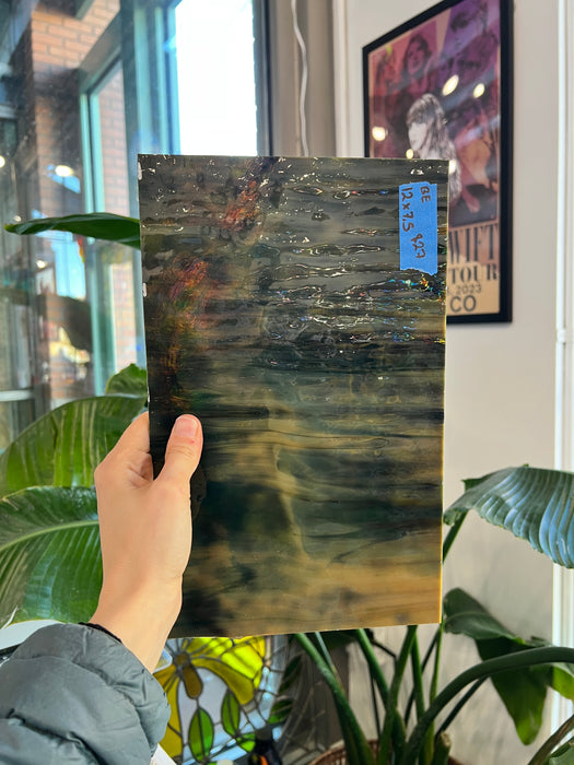 Green Tan Mixed Vintage Bullseye Sheet Glass Colorado Glass Works 12x7.5in (BE-22400813)