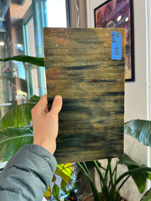 Green Tan Mixed Vintage Bullseye Sheet Glass Colorado Glass Works 12x7in (BE-22433581)