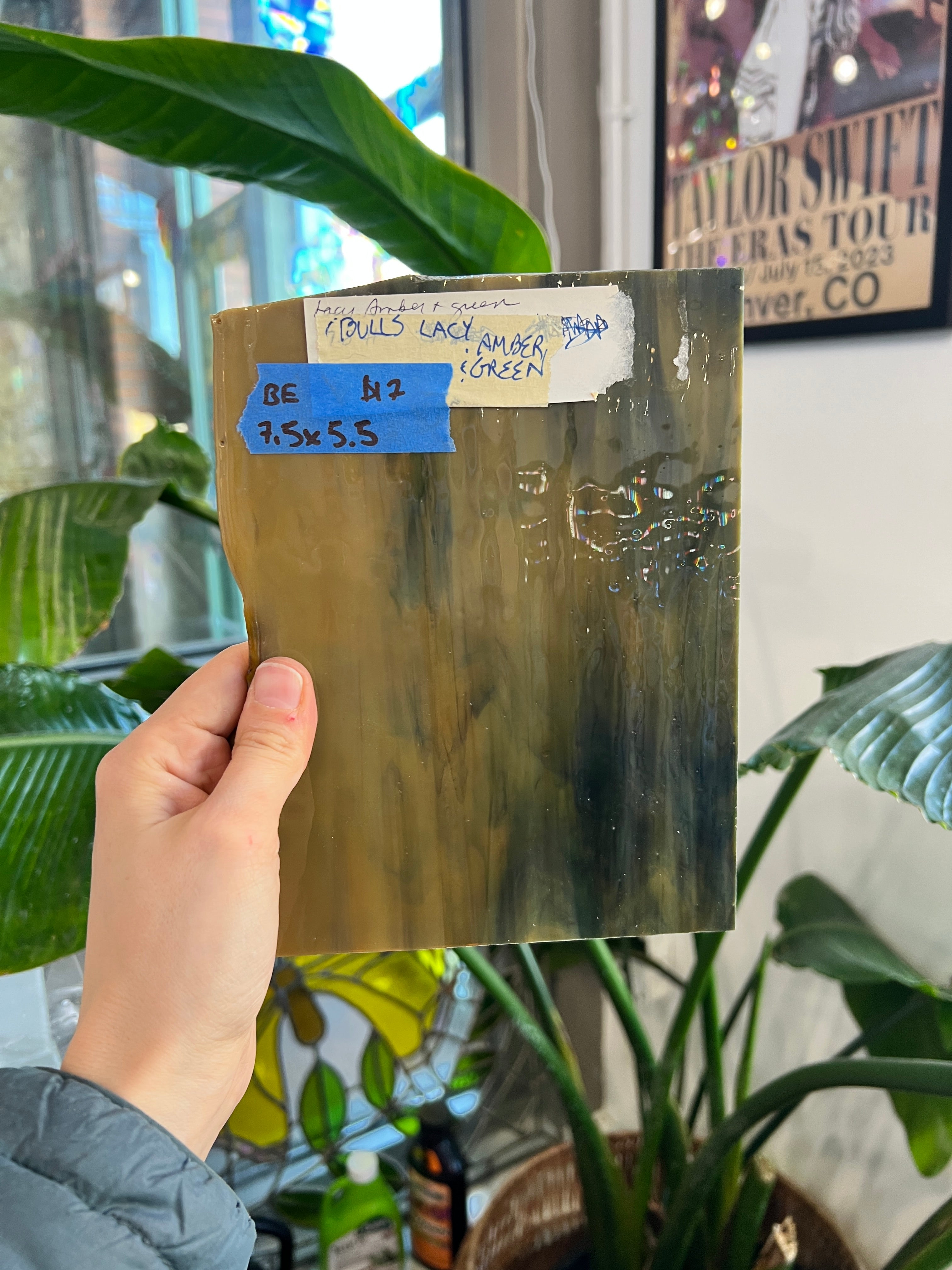 Green Tan Mixed Vintage Bullseye Sheet Glass Colorado Glass Works 7.5x5.5in (BE-22466349)