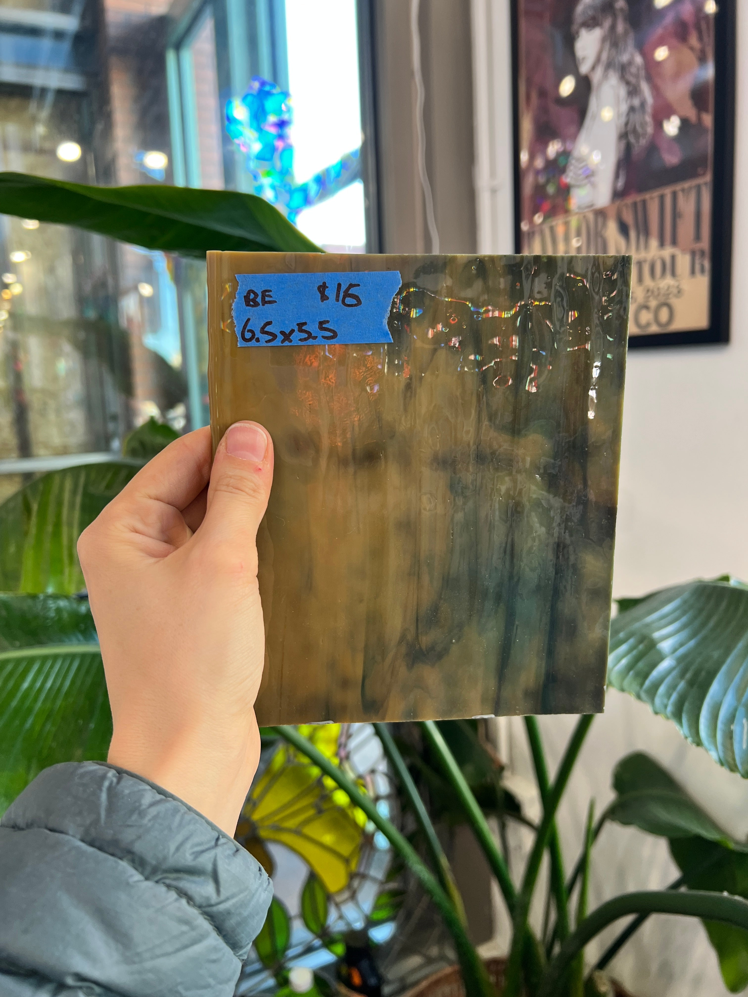 Green Tan Mixed Vintage Bullseye Sheet Glass Colorado Glass Works 6.5x5.5in (BE-22499117)