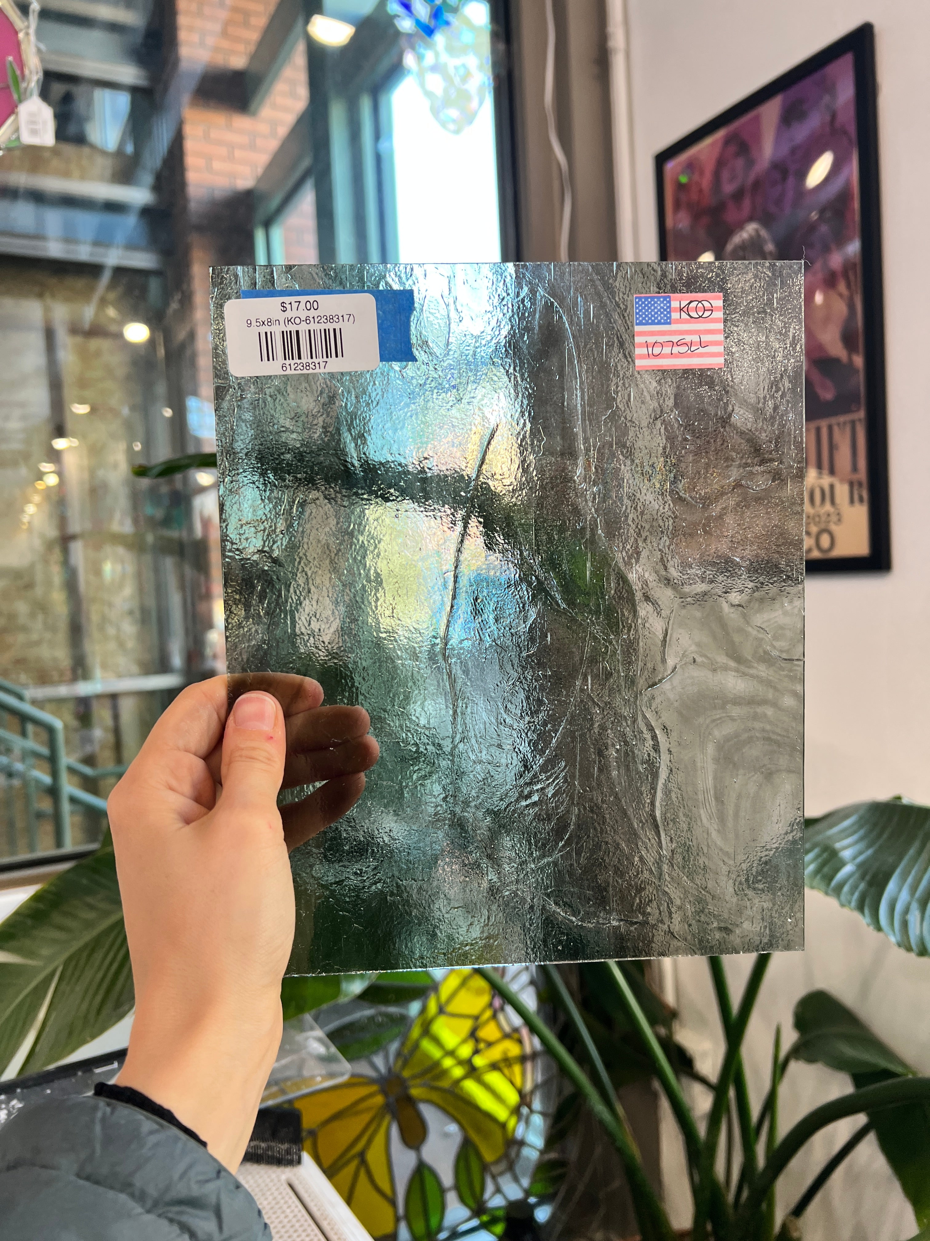 Olive Gray Wispy Clear Kokomo Sheet Glass Colorado Glassworks 9.5x8in (KO-61238317)