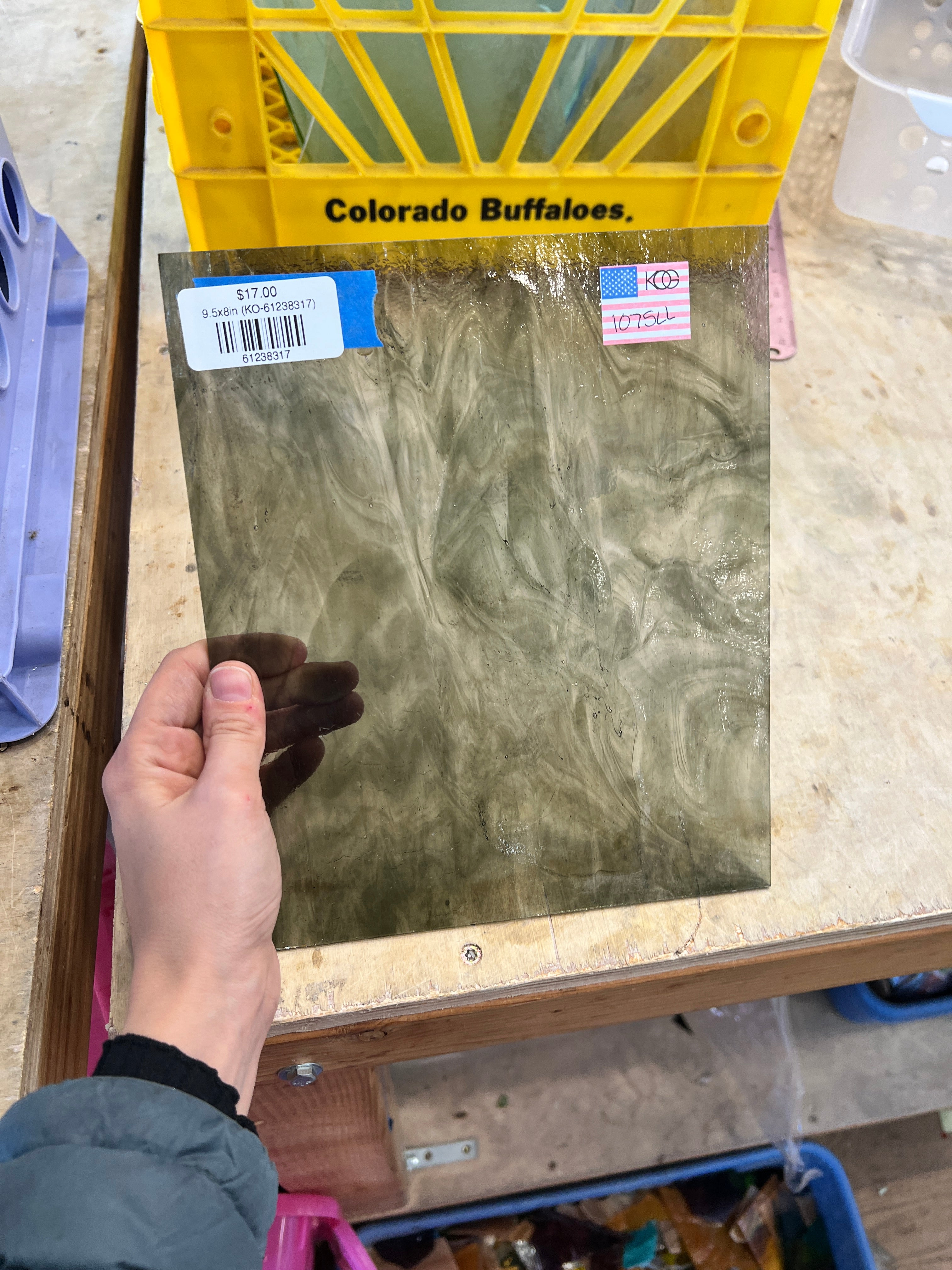 Olive Gray Wispy Clear Kokomo Sheet Glass Colorado Glassworks