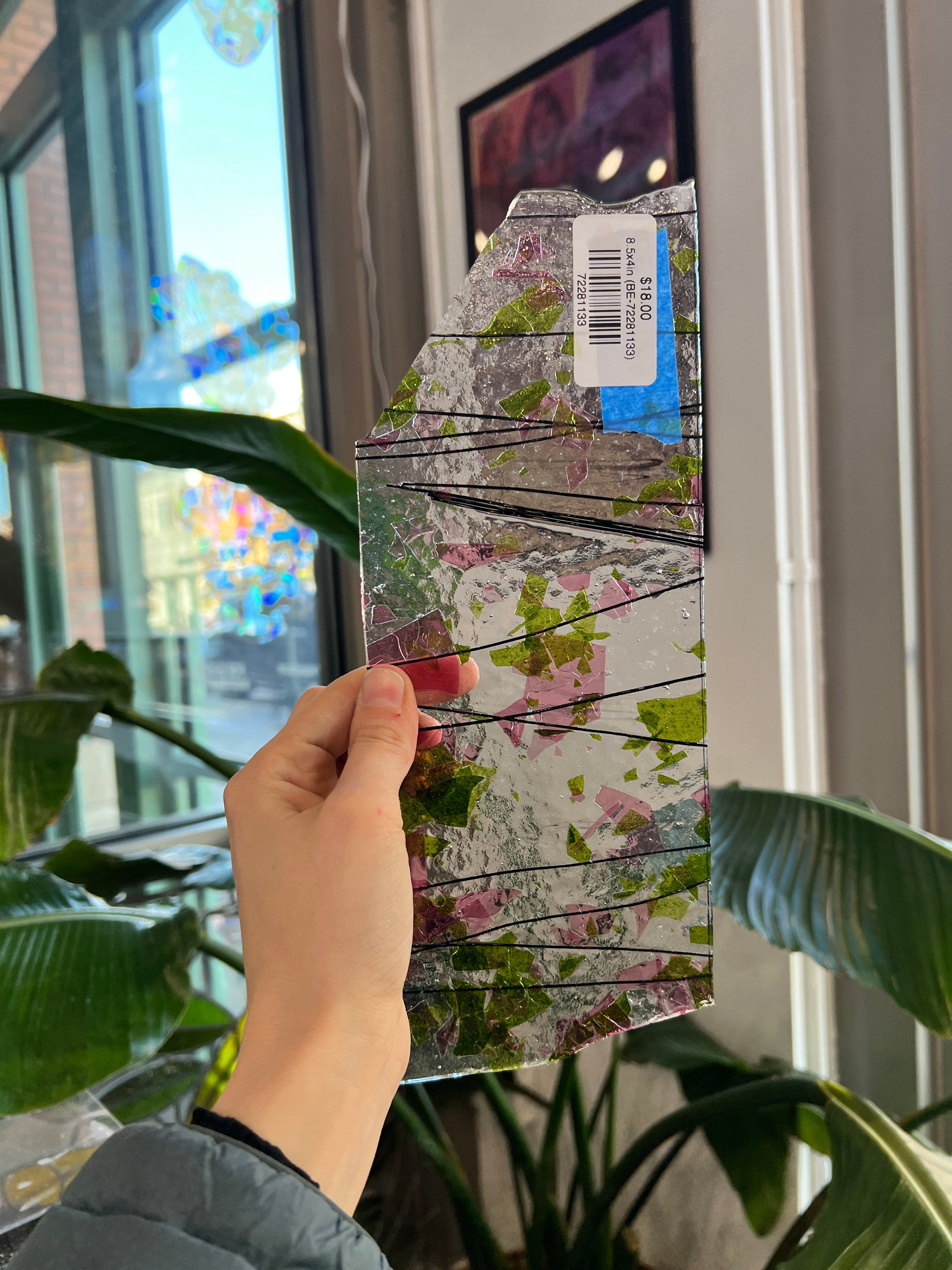 Clear Pink Green White Confetti Black Stringer Vintage Bullseye Sheet Glass Colorado Glassworks