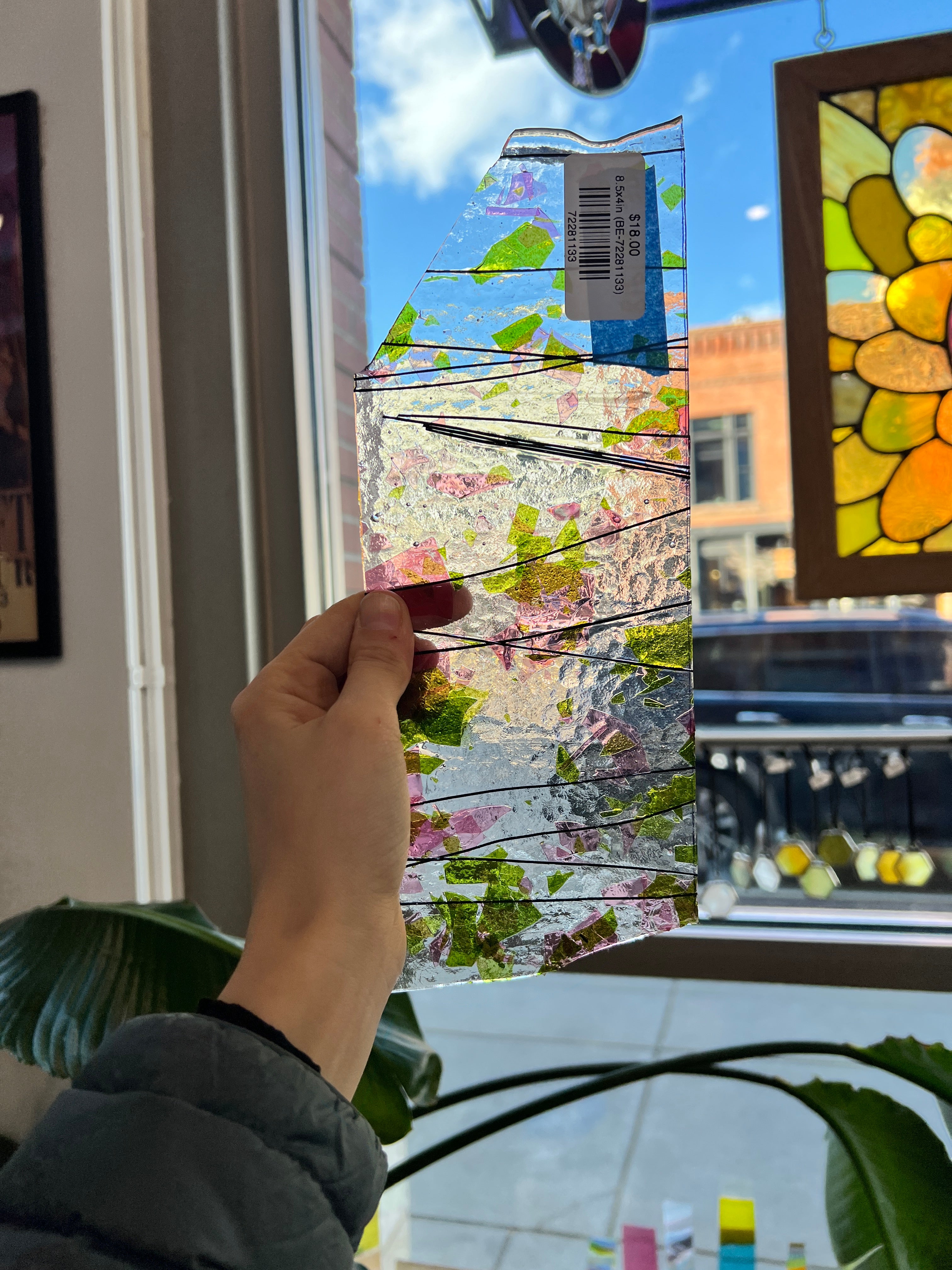 Clear Pink Green White Confetti Black Stringer Vintage Bullseye Sheet Glass Colorado Glassworks