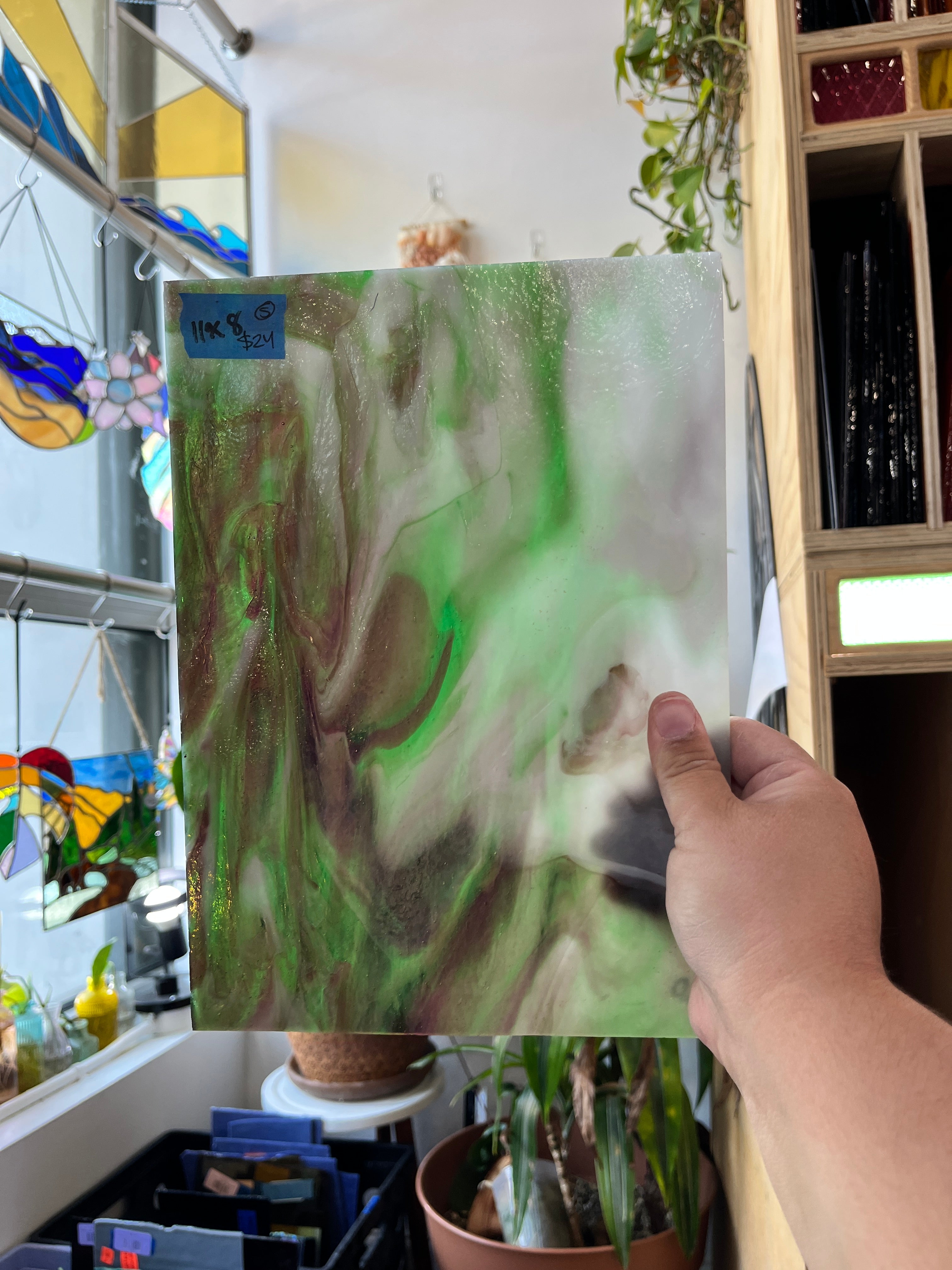 Kokomo White with Purple and Green Wisps (S) Sheet Glass Colorado Glass Works B