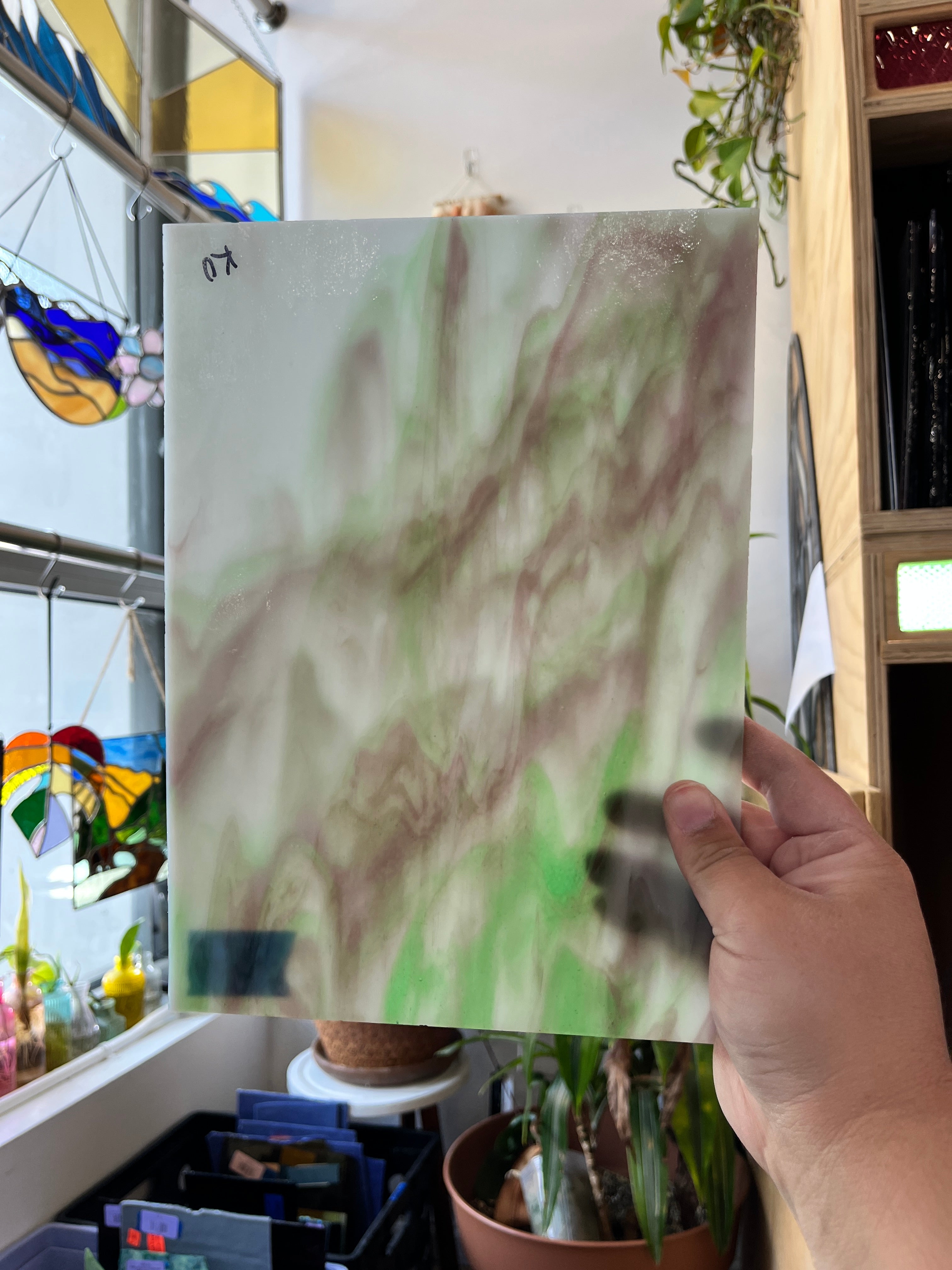 Kokomo White with Purple and Green Wisps (S) Sheet Glass Colorado Glass Works C
