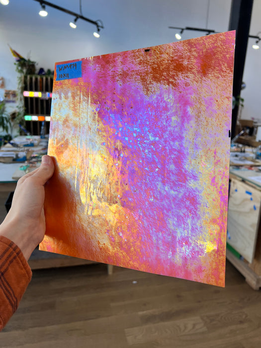 Neon Orange Iridescent Opaque Wissmach Fusible 96 COE (WI 96 42 LUM) Sheet Glass Colorado Glassworks WMOFS - (12x8in)