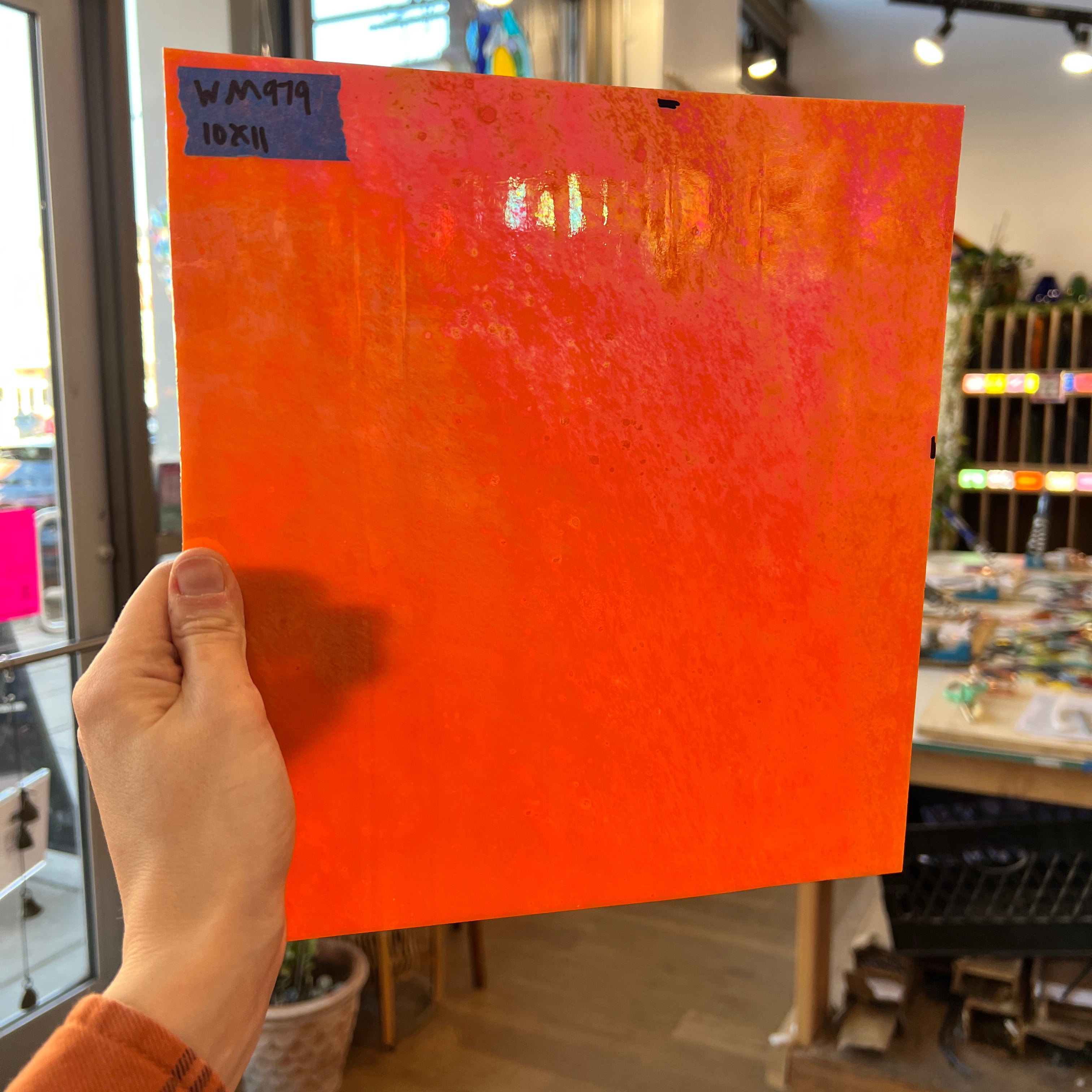 Neon Orange Iridescent Opaque Wissmach Fusible 96 COE (WI 96 42 LUM) Sheet Glass Colorado Glassworks