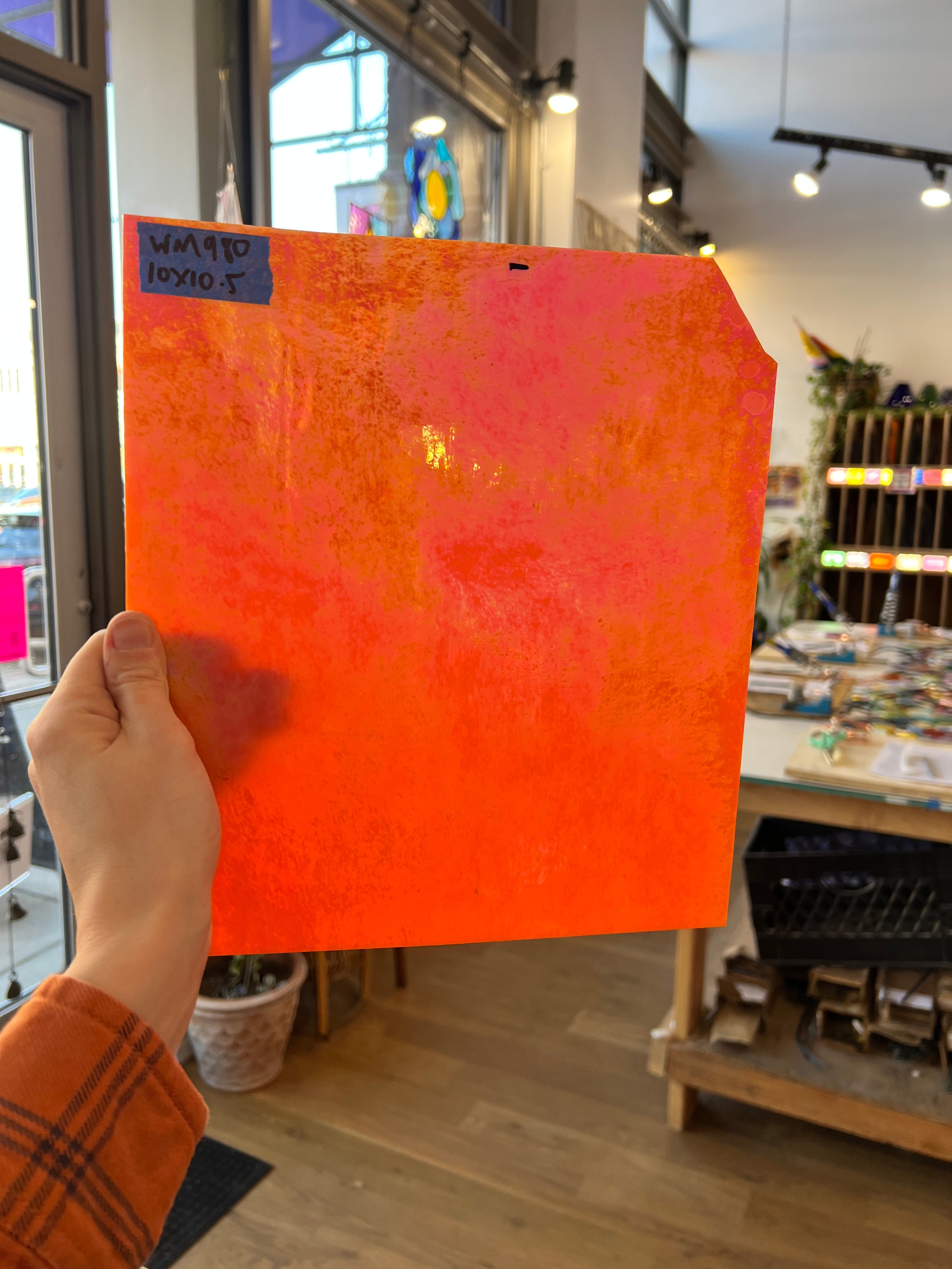 Neon Orange Iridescent Opaque Wissmach Fusible 96 COE (WI 96 42 LUM) Sheet Glass Colorado Glassworks