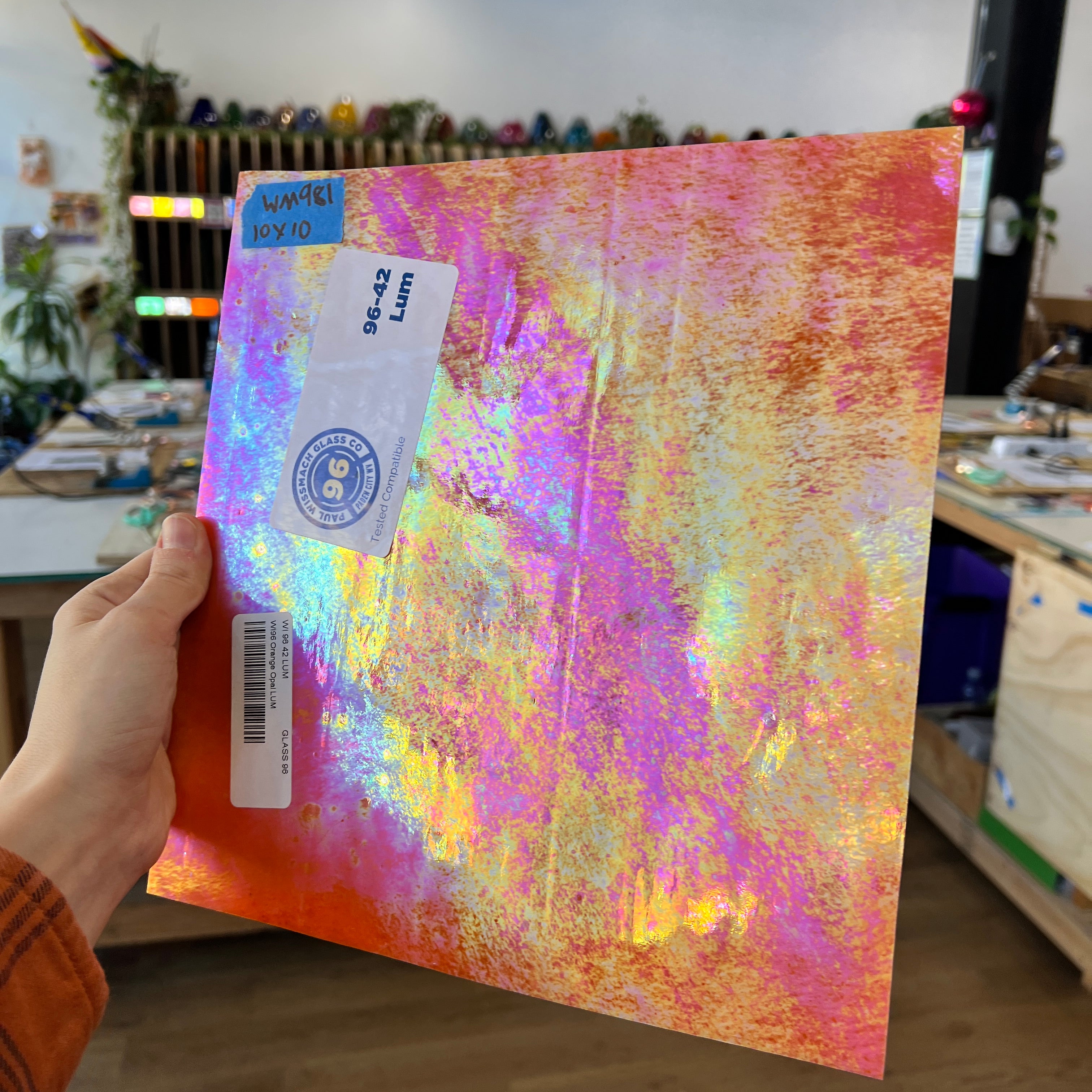 Neon Orange Iridescent Opaque Wissmach Fusible 96 COE (WI 96 42 LUM) Sheet Glass Colorado Glassworks