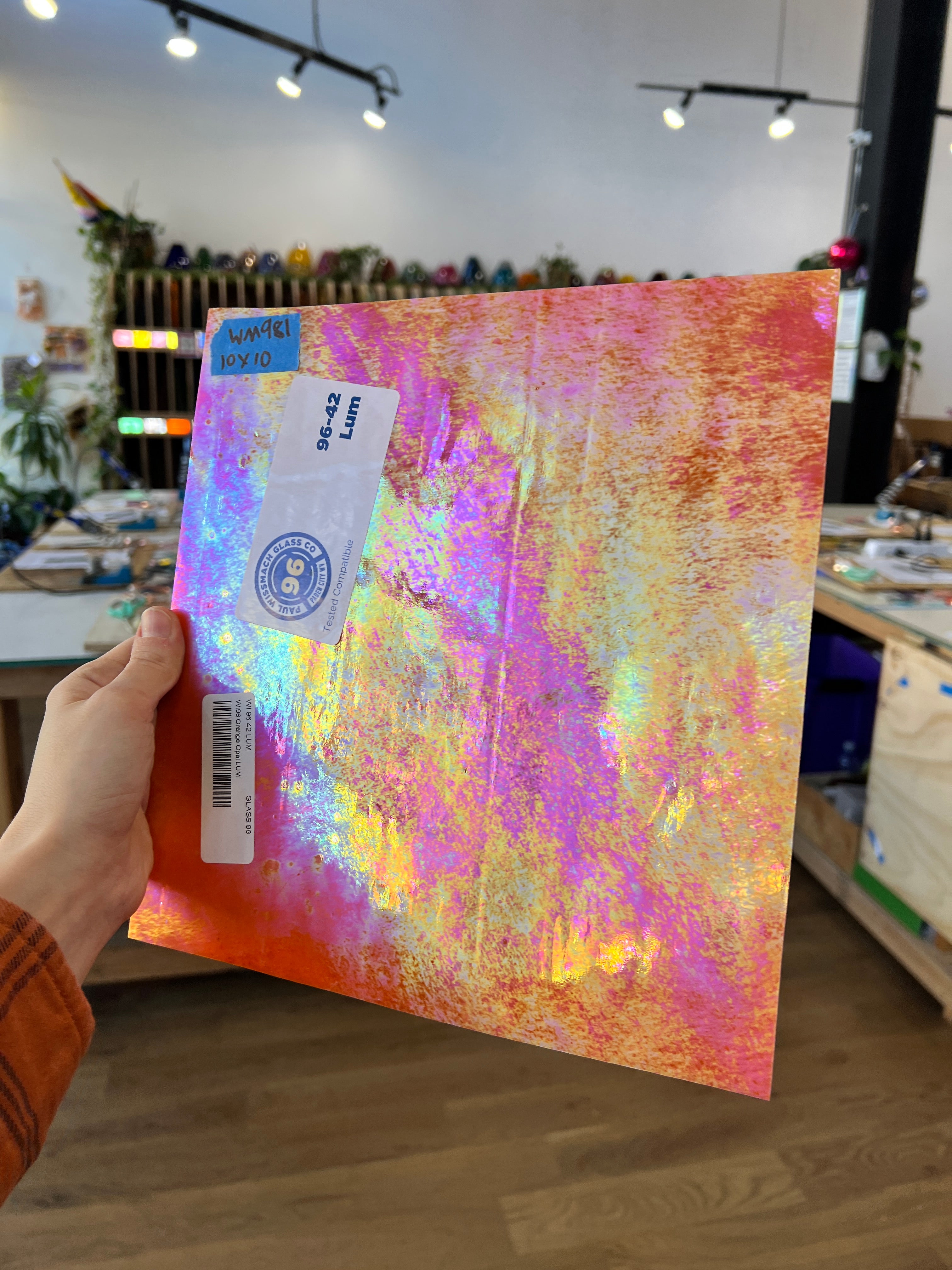 Neon Orange Iridescent Opaque Wissmach Fusible 96 COE (WI 96 42 LUM) Sheet Glass Colorado Glassworks