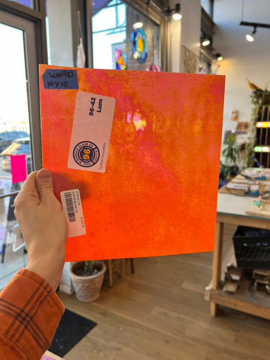 Neon Orange Iridescent Opaque Wissmach Fusible 96 COE (WI 96 42 LUM) Sheet Glass Colorado Glassworks