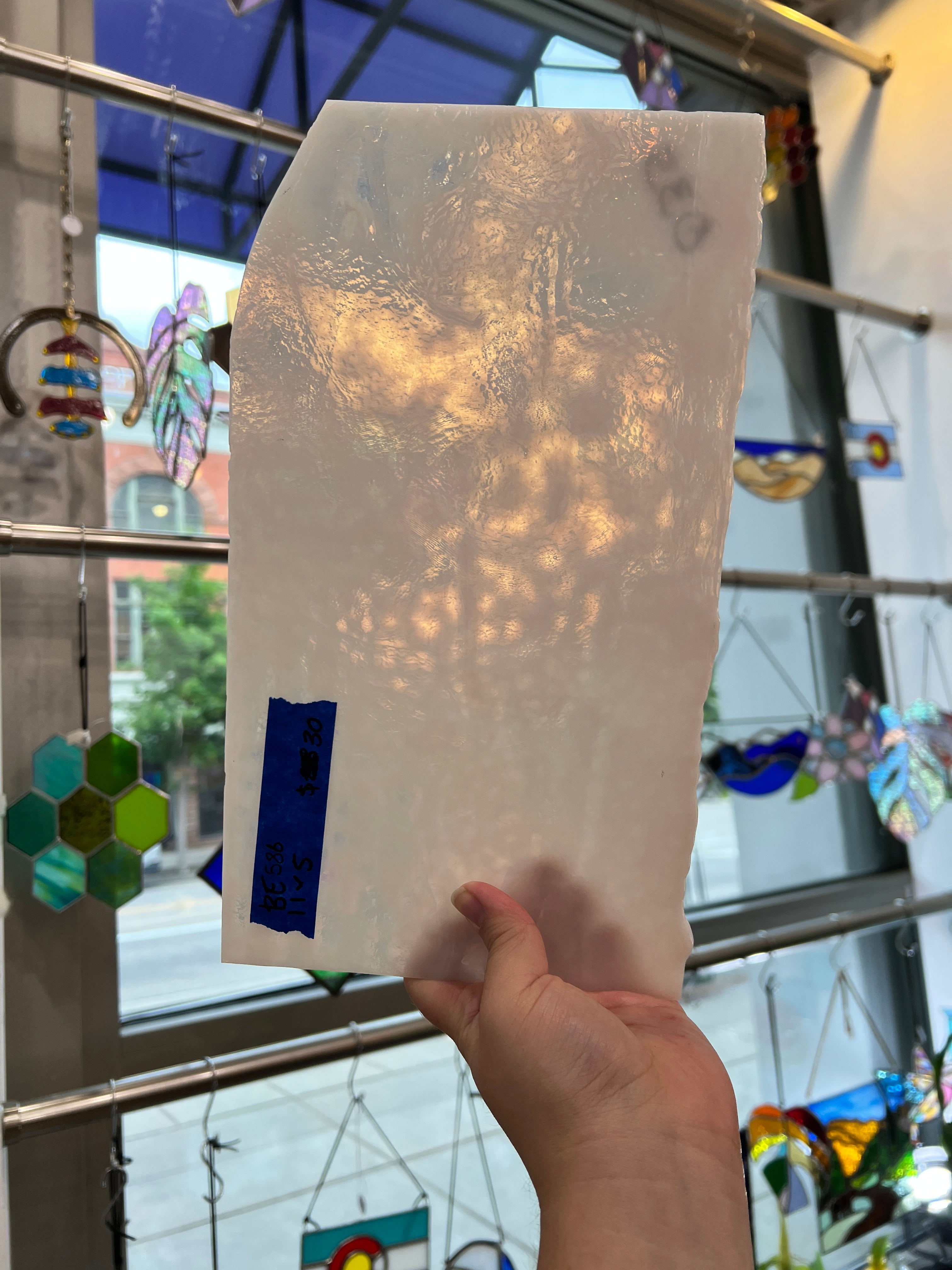 Vintage Semi Opaque White Mottled Bullseye Sheet Glass Colorado Glassworks