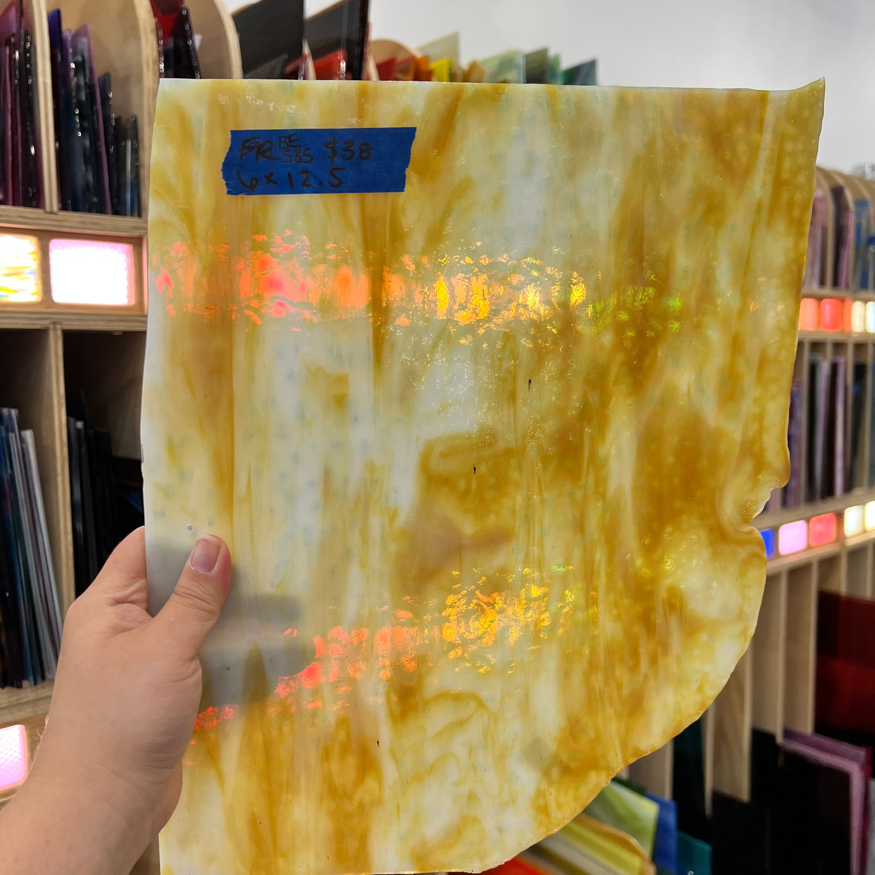 Vintage Opaque Tan White Wispy Bullseye Sheet Glass Colorado Glass Works BE585 (6 x 12.5in)