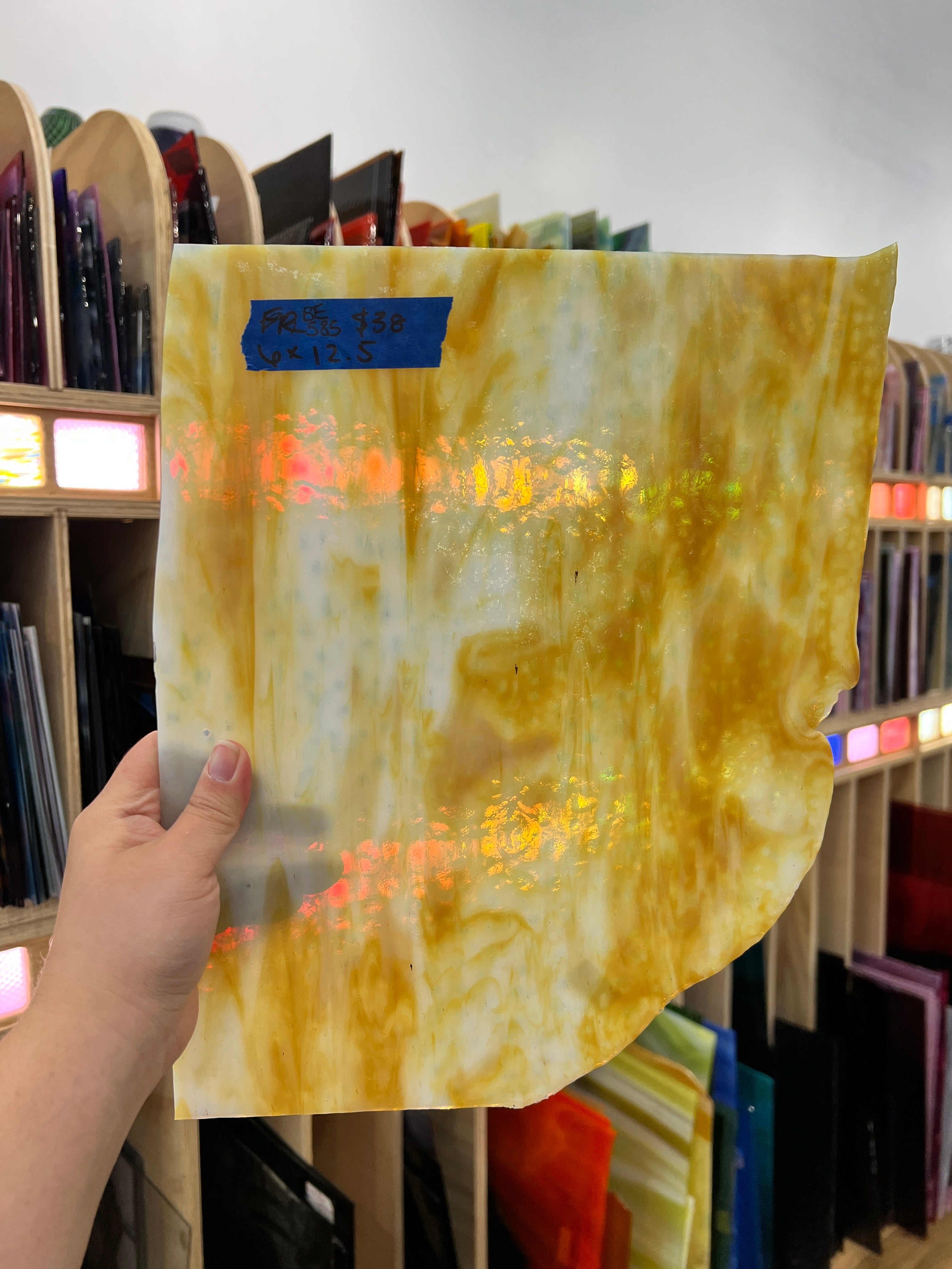 Vintage Opaque Tan White Wispy Bullseye Sheet Glass Colorado Glass Works BE585 (6 x 12.5in)