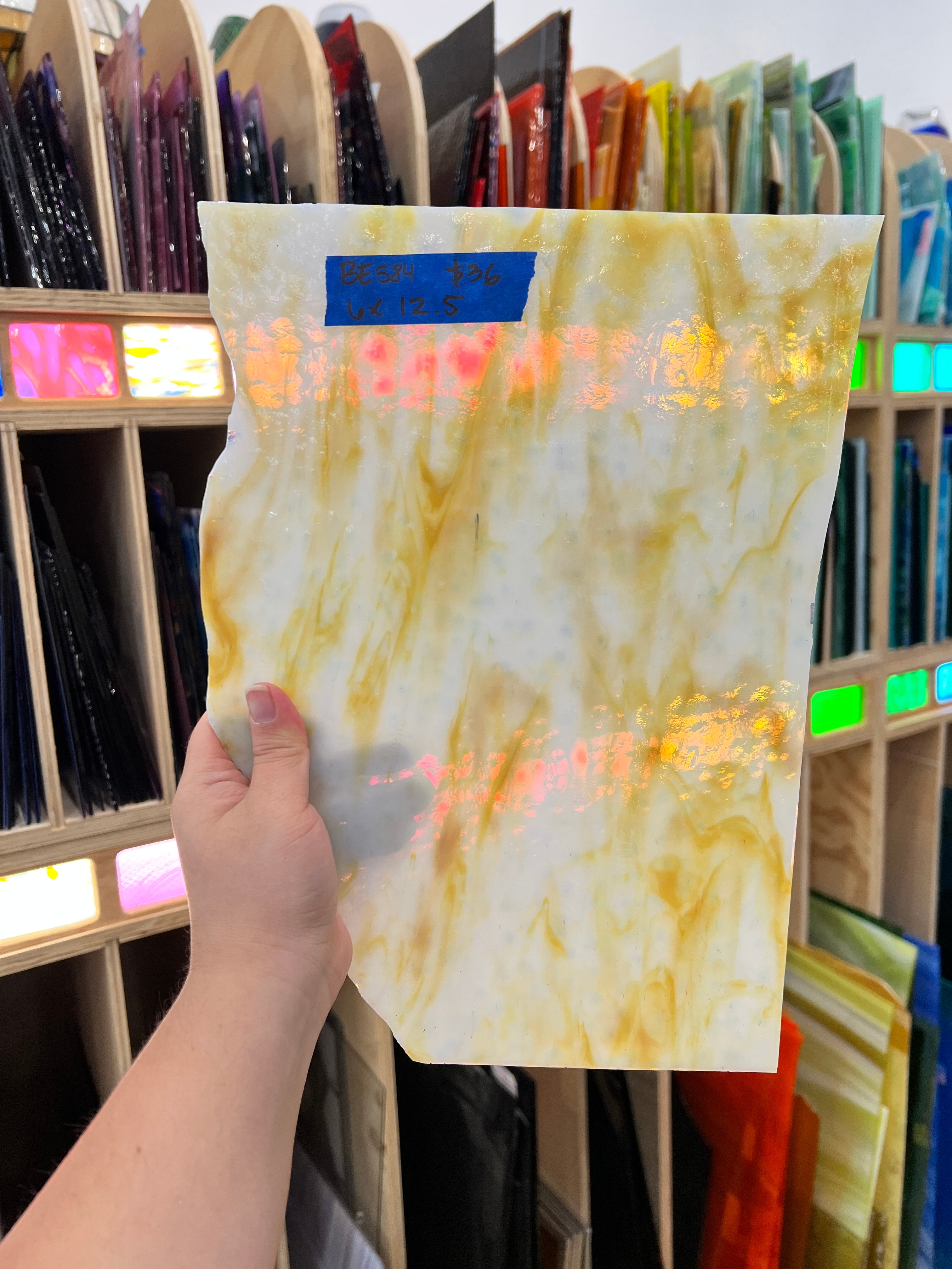 Vintage Opaque Tan White Wispy Bullseye Sheet Glass Colorado Glass Works BE584 (6 x 12.5in)