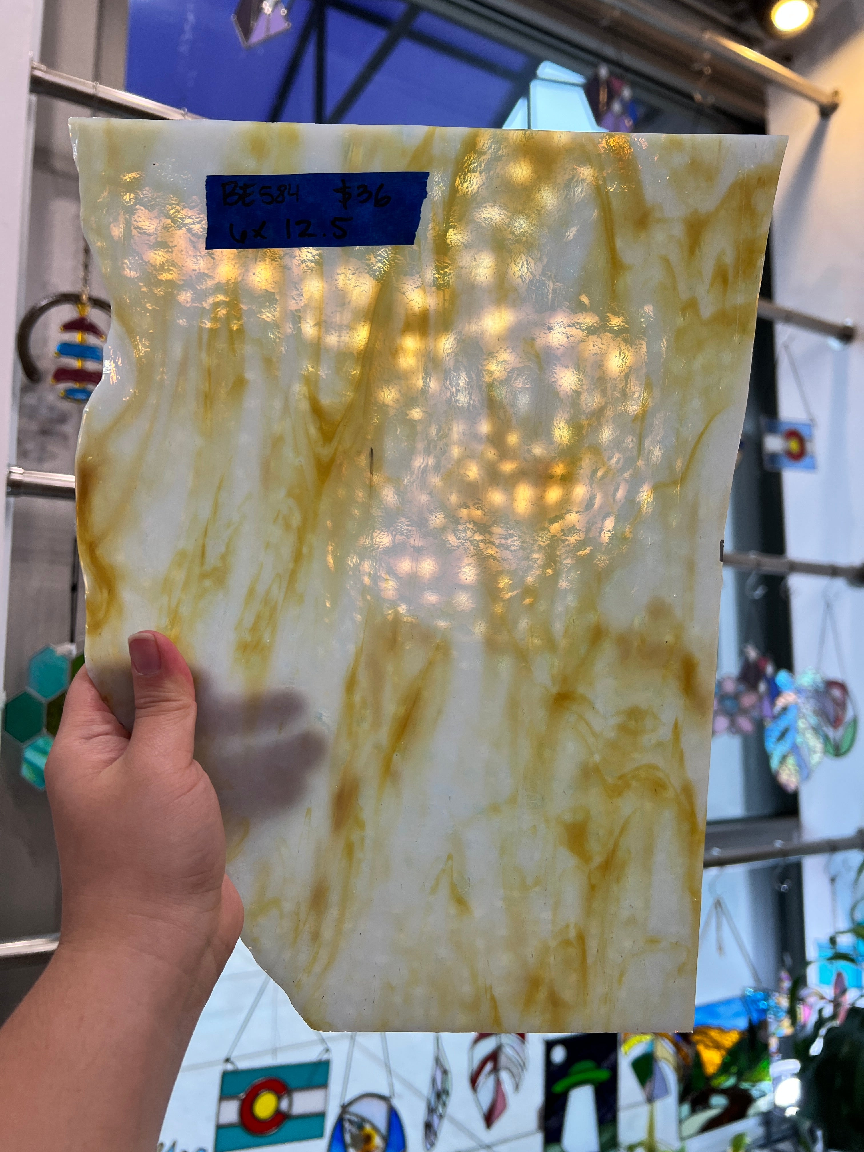Vintage Opaque Tan White Wispy Bullseye Sheet Glass Colorado Glass Works