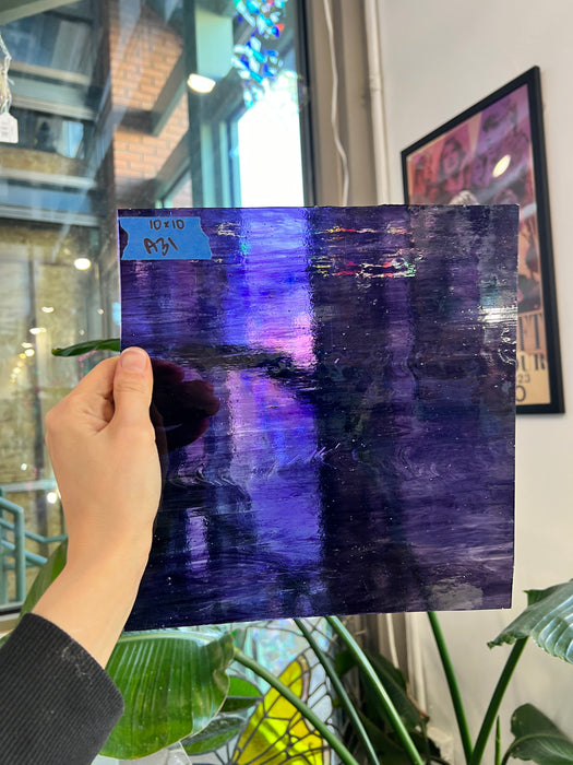 Dark Purple Clear Wispy Kokomo Sheet Glass Kokomo A31 (10x10in)