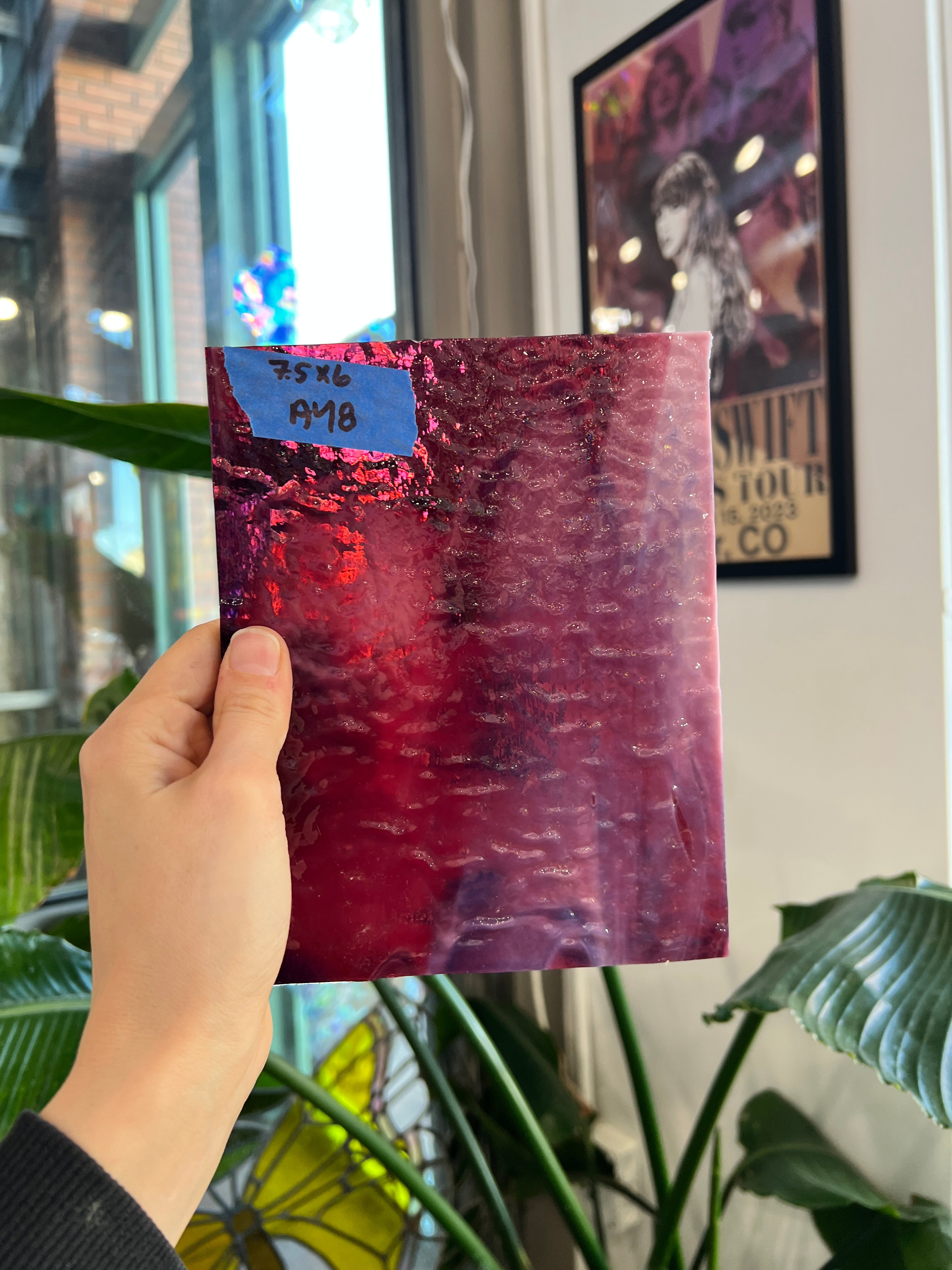 Cranberry Pink, Gold Purple, White Mix Ripple Bullseye Fusible 90 COE Sheet Glass Colorado Glassworks A48 (7.5x6in)