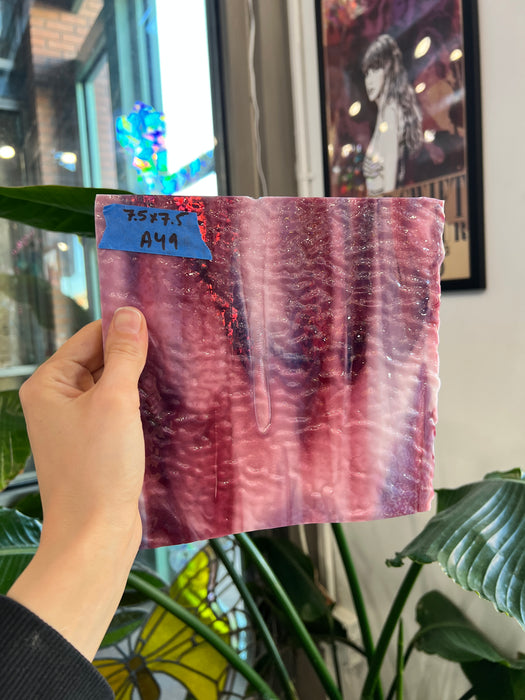 Cranberry Pink, Gold Purple, White Mix Ripple Bullseye Fusible 90 COE Sheet Glass Colorado Glassworks A49 (7.5x7.5in)