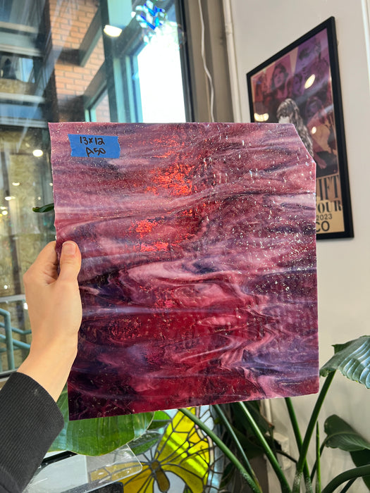 Cranberry Pink, Gold Purple, White Mix Ripple Bullseye Fusible 90 COE Sheet Glass Colorado Glassworks A50 (13x12in)