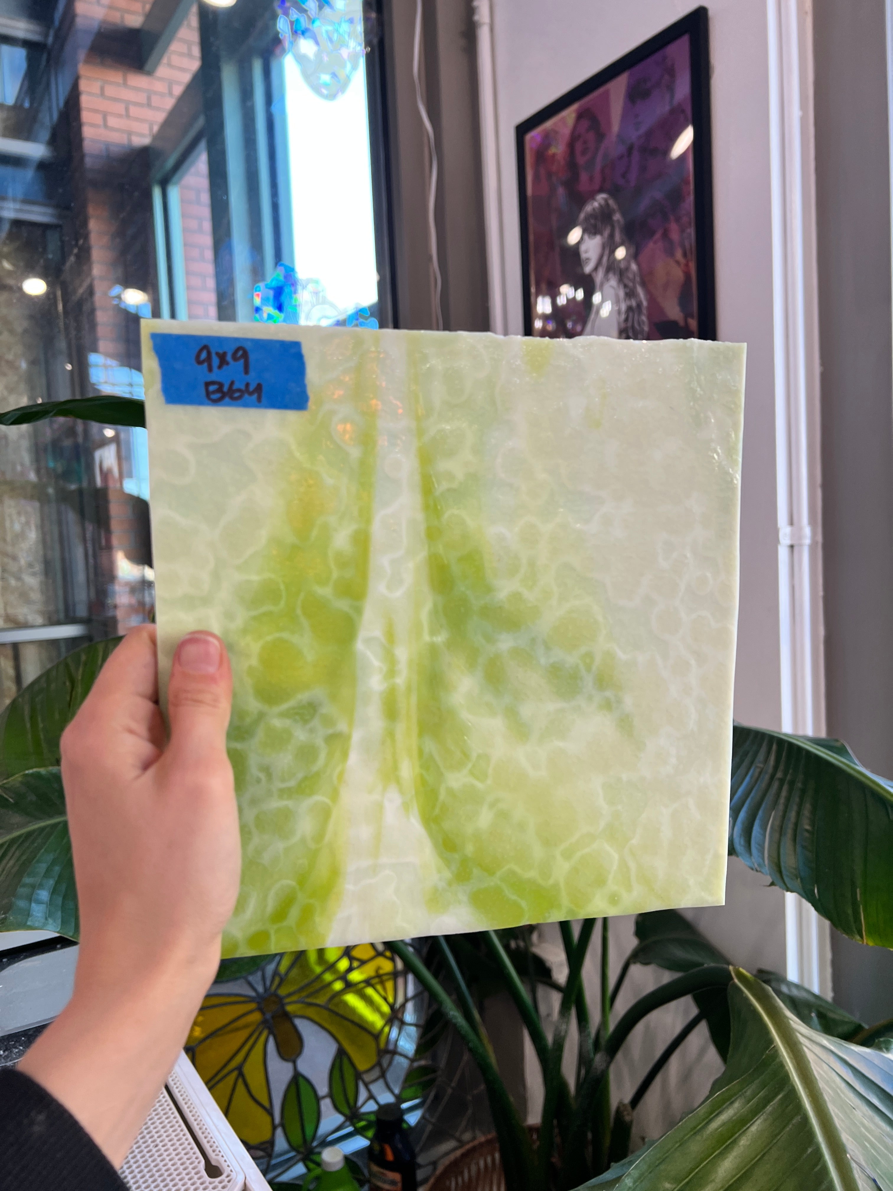 Green and White Vintage Mottled Uroboros Sheet Glass Colorado Glassworks B64 (9x9in)