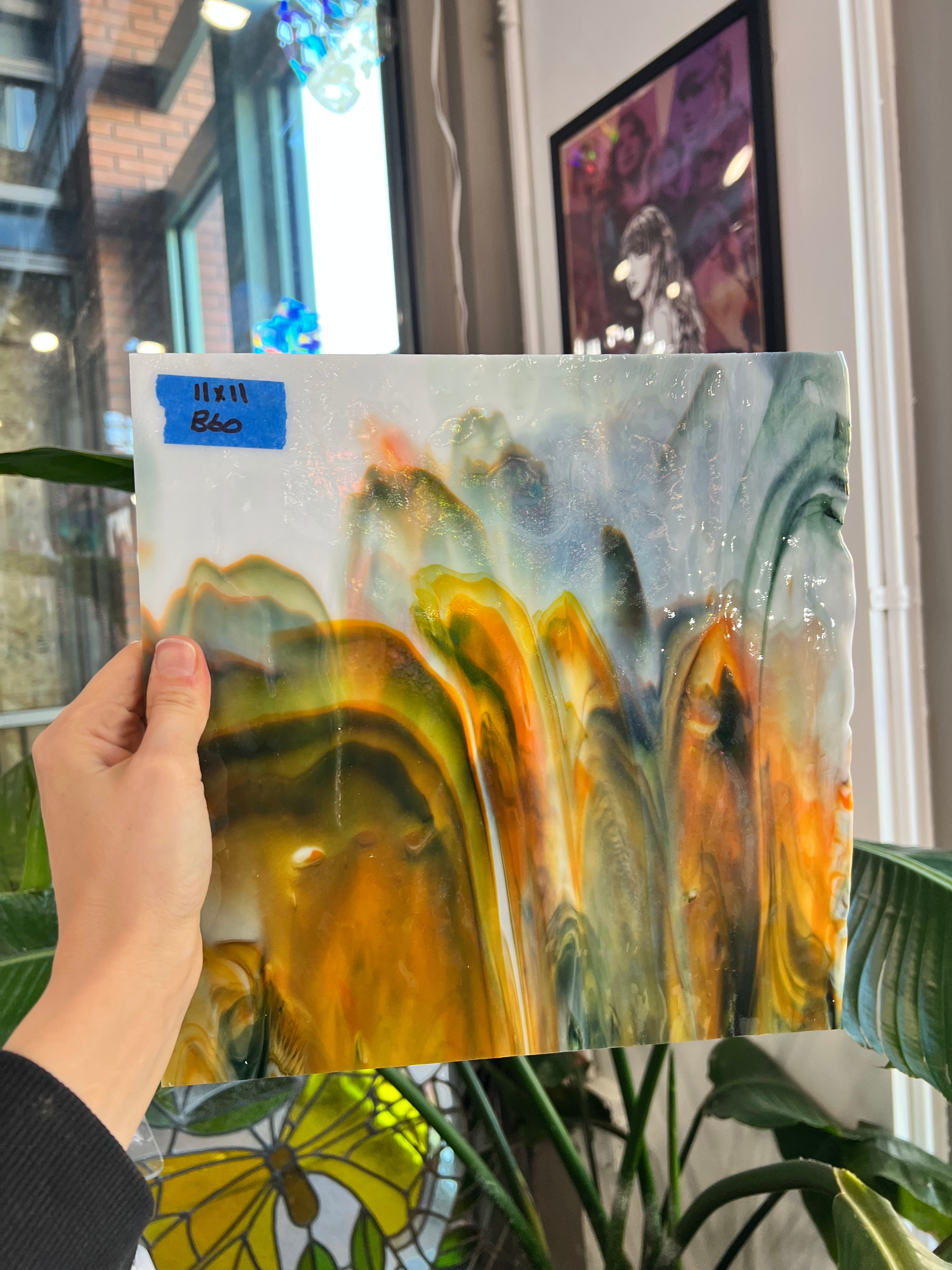 Green Orange and White Wispy Bullseye Sheet Glass Colorado Glass Works B60 (11x11in)