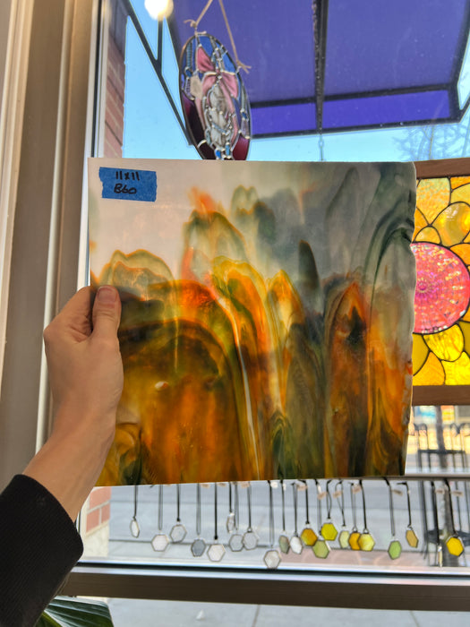 Green Orange and White Wispy Bullseye Sheet Glass Colorado Glass Works